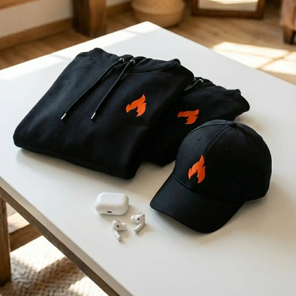 Firecrawl swag - black hoodies, cap, and AirPods Pro with orange flame logo