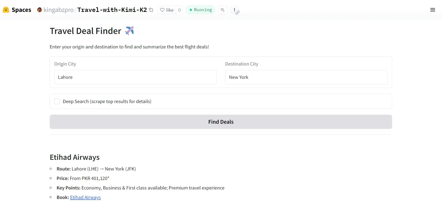 Travel Deal Finder using Kimi K2 and Firecrawl demo