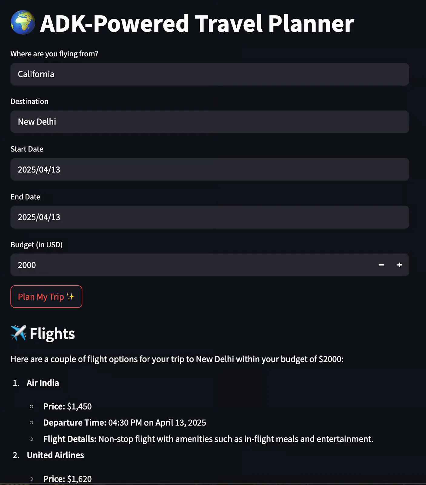 Travel Planner with Google ADK and A2A demo