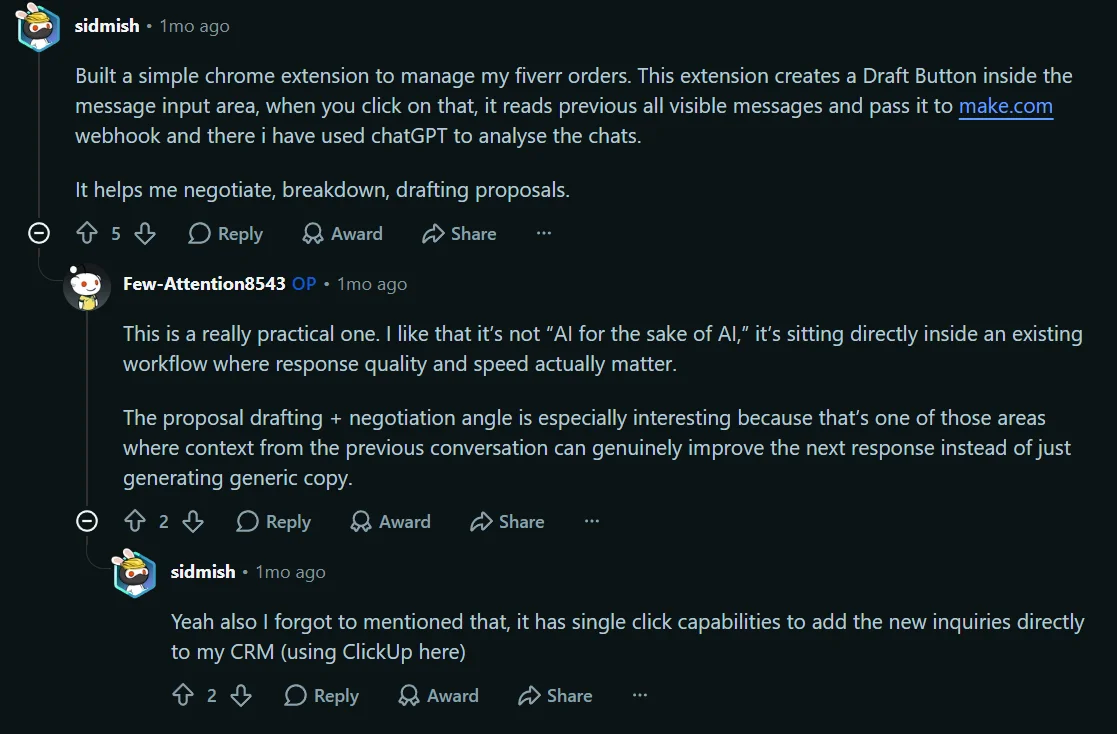 Reddit User used AI automations for Fiverr orders and CRM
