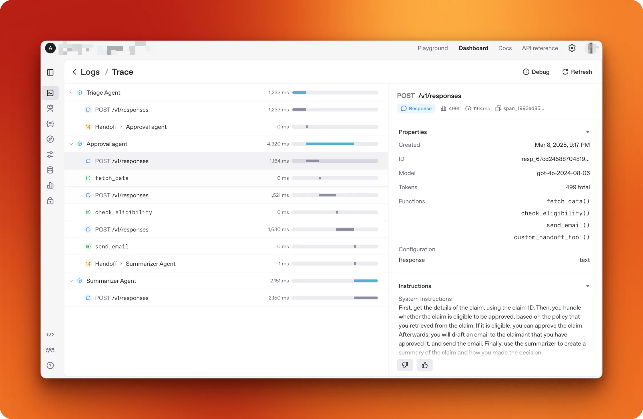 OpenAI Agents SDK interface showing Python code implementation for building AI agents with multi-agent workflows and tracing capabilities