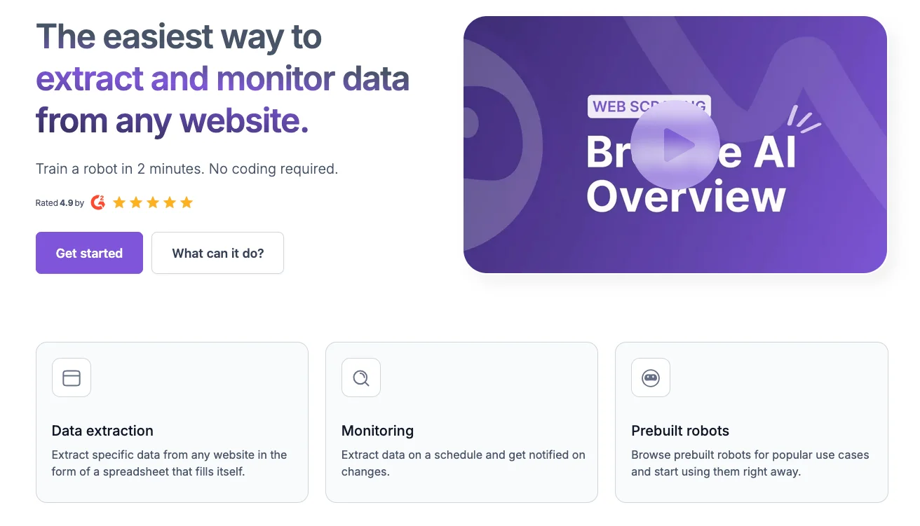 Browse.AI no-code web scraping tool with robot trainer for automated data extraction
