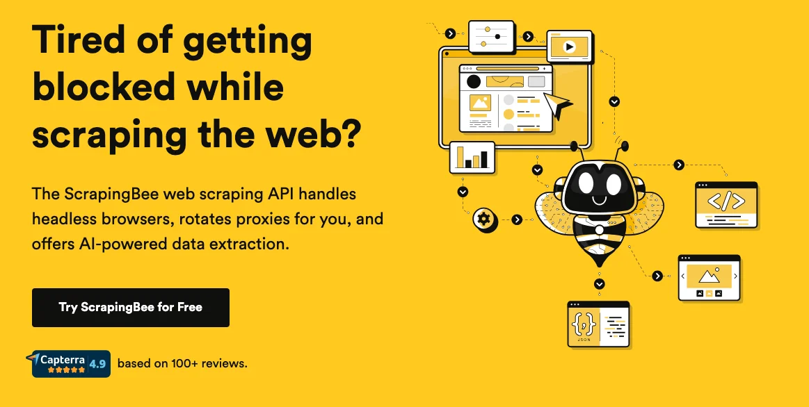 ScrapingBee AI web scraping platform with headless browser and proxy rotation capabilities