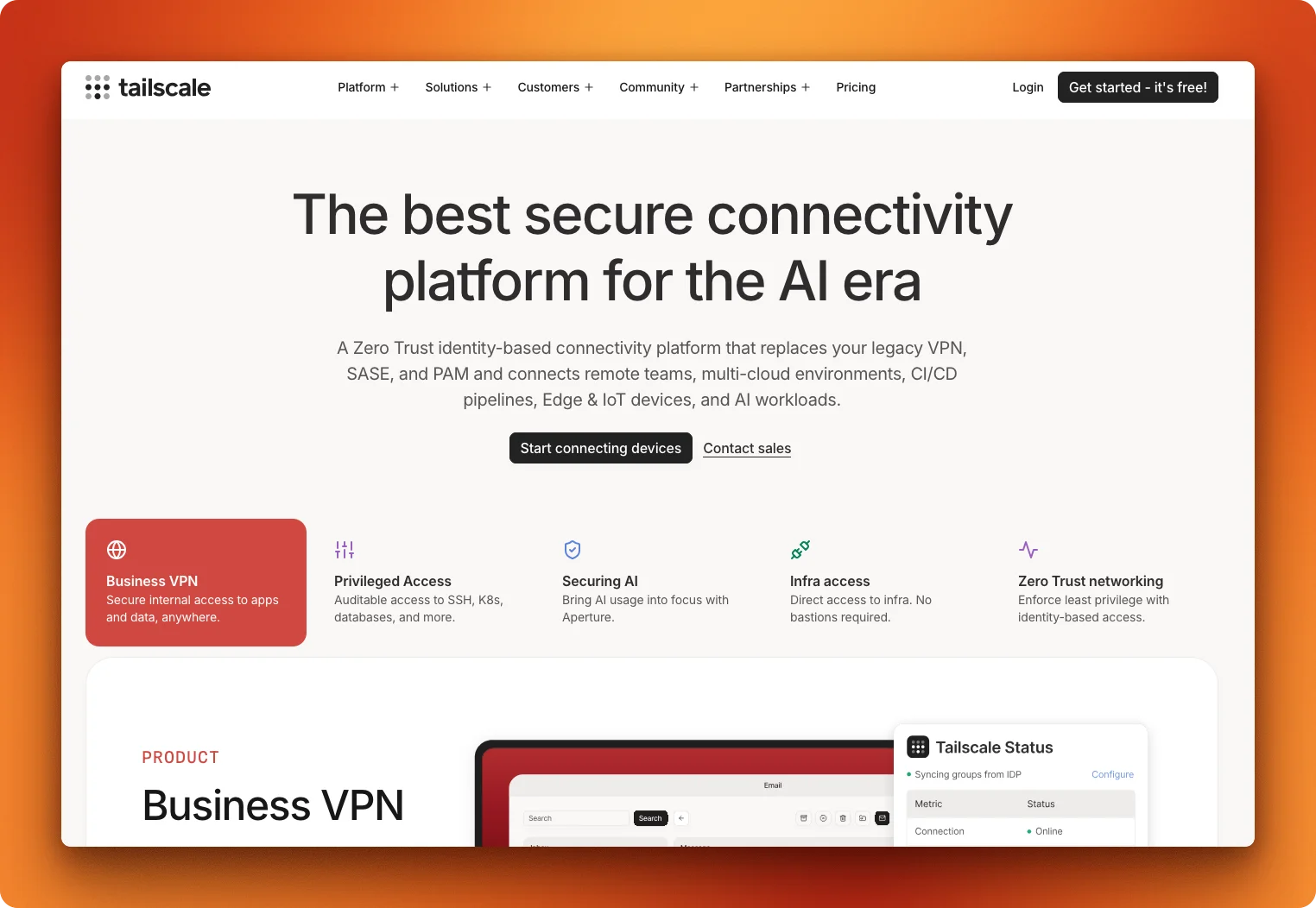 The Tailscale homepage hero section as it appears in a browser, the live source page the agent scrapes to extract structured company intelligence.