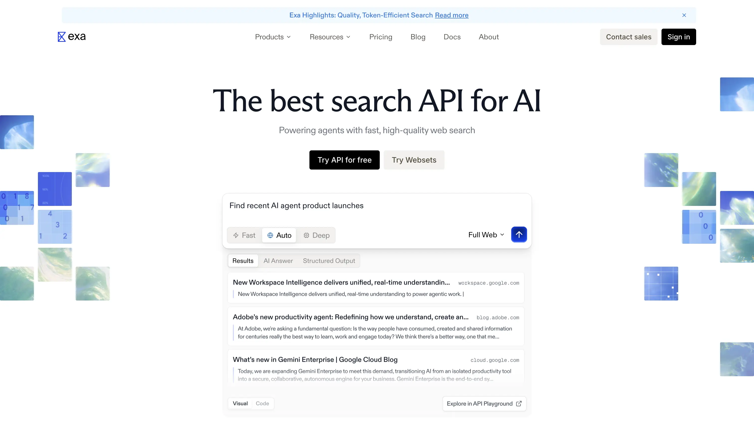 Exa homepage showing neural, embedding-based semantic search for AI applications