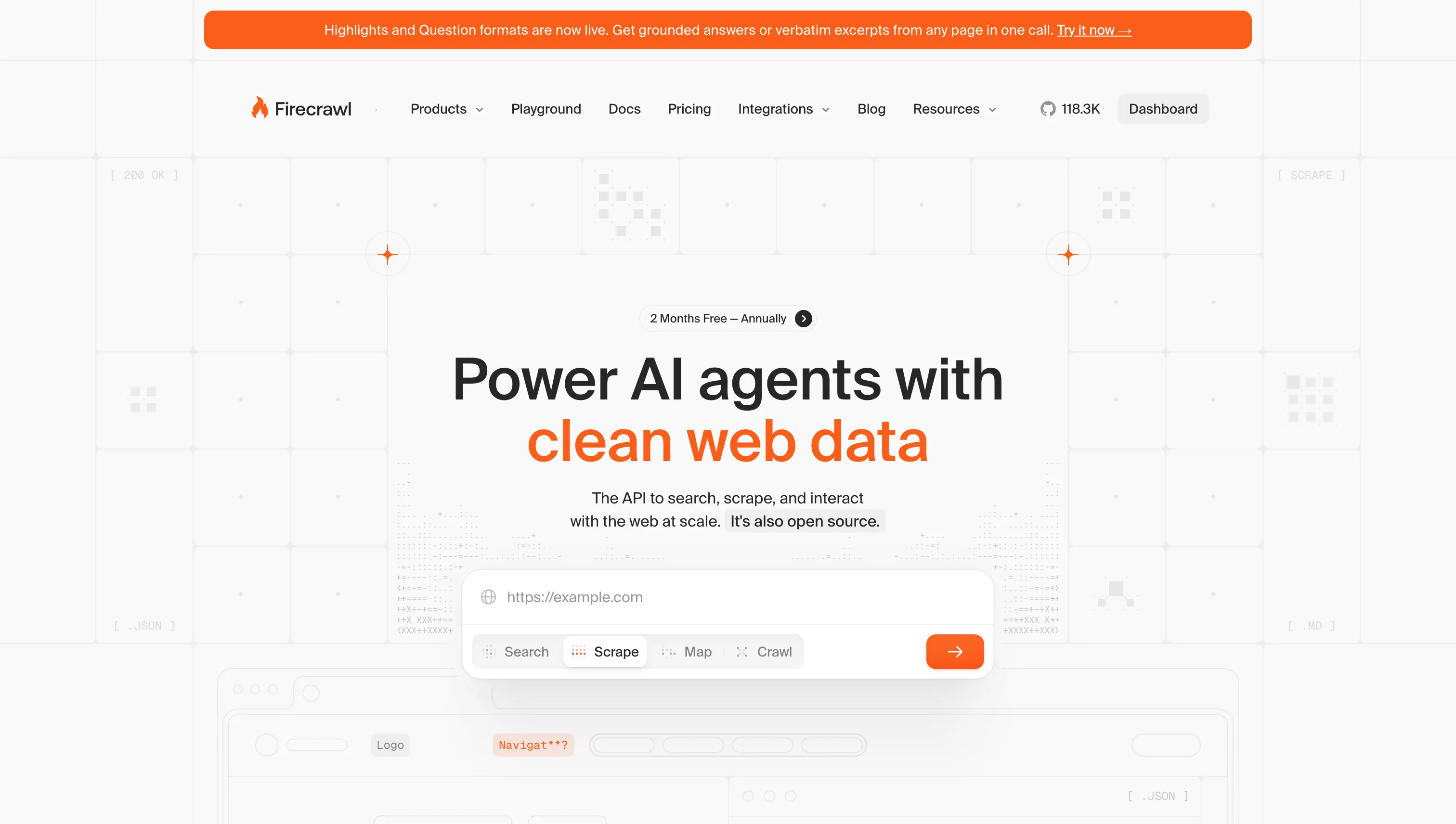 Firecrawl homepage showing search API for turning websites into LLM-ready data