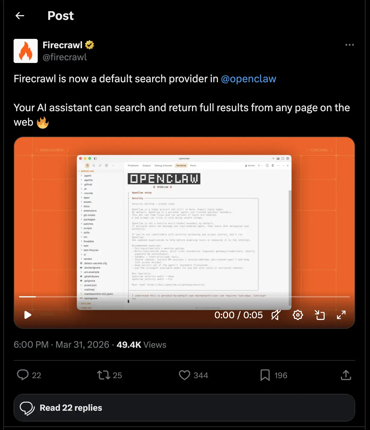 X post from Peter Steinberger announcing OpenClaw made Firecrawl its default search provider