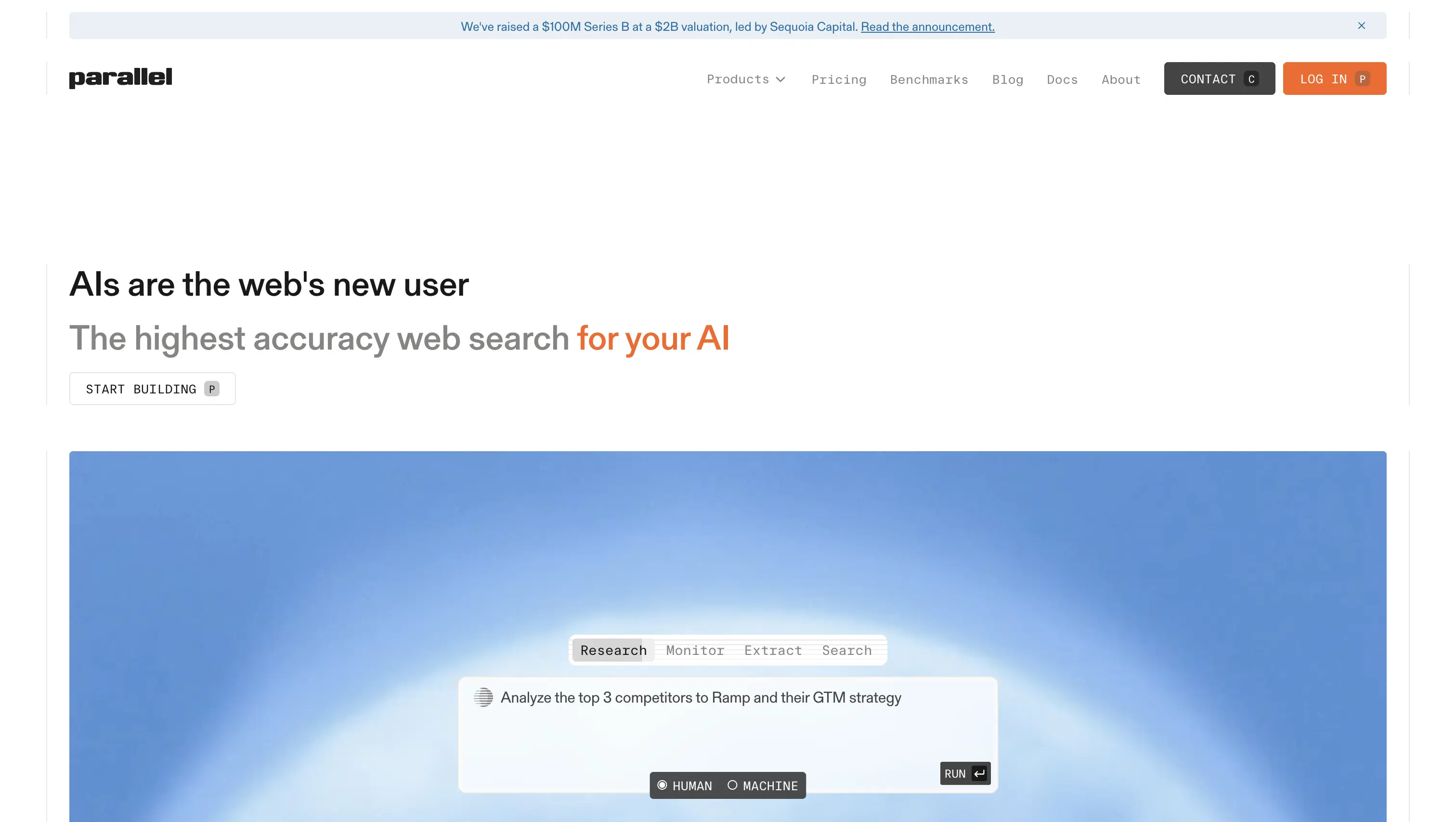 Parallel AI homepage showing objective-based web search for multi-hop research