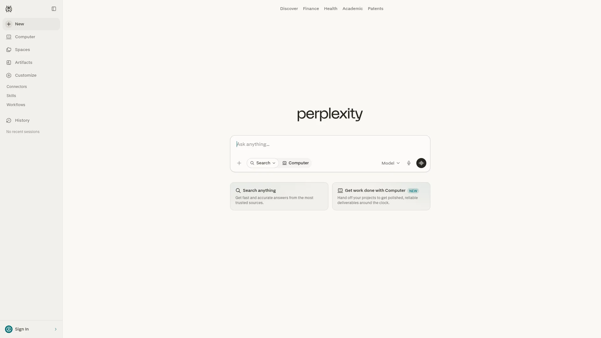 Perplexity homepage