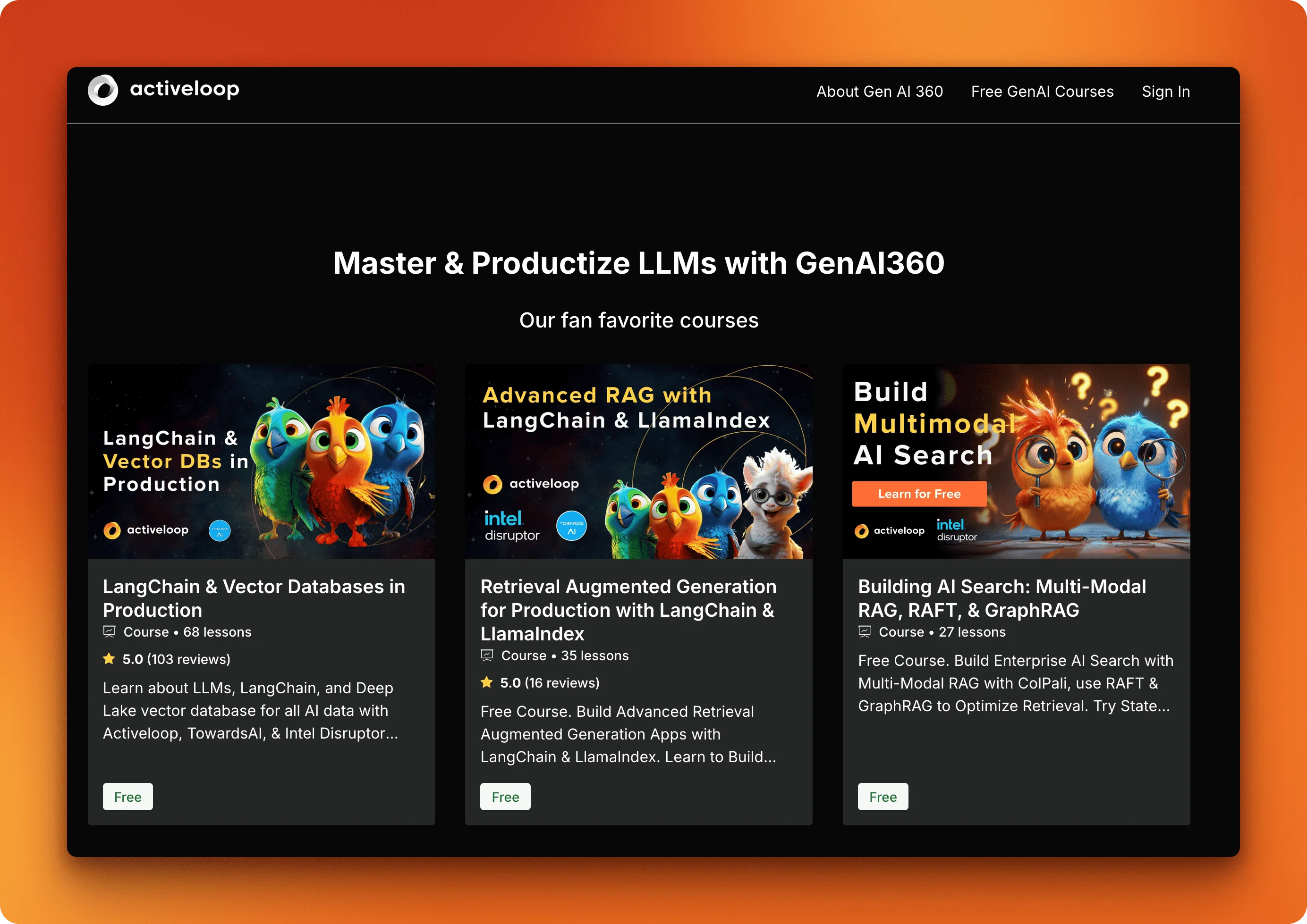 Activeloop learning platform featuring complete RAG courses with LangChain, LlamaIndex, and Deep Lake vector database training