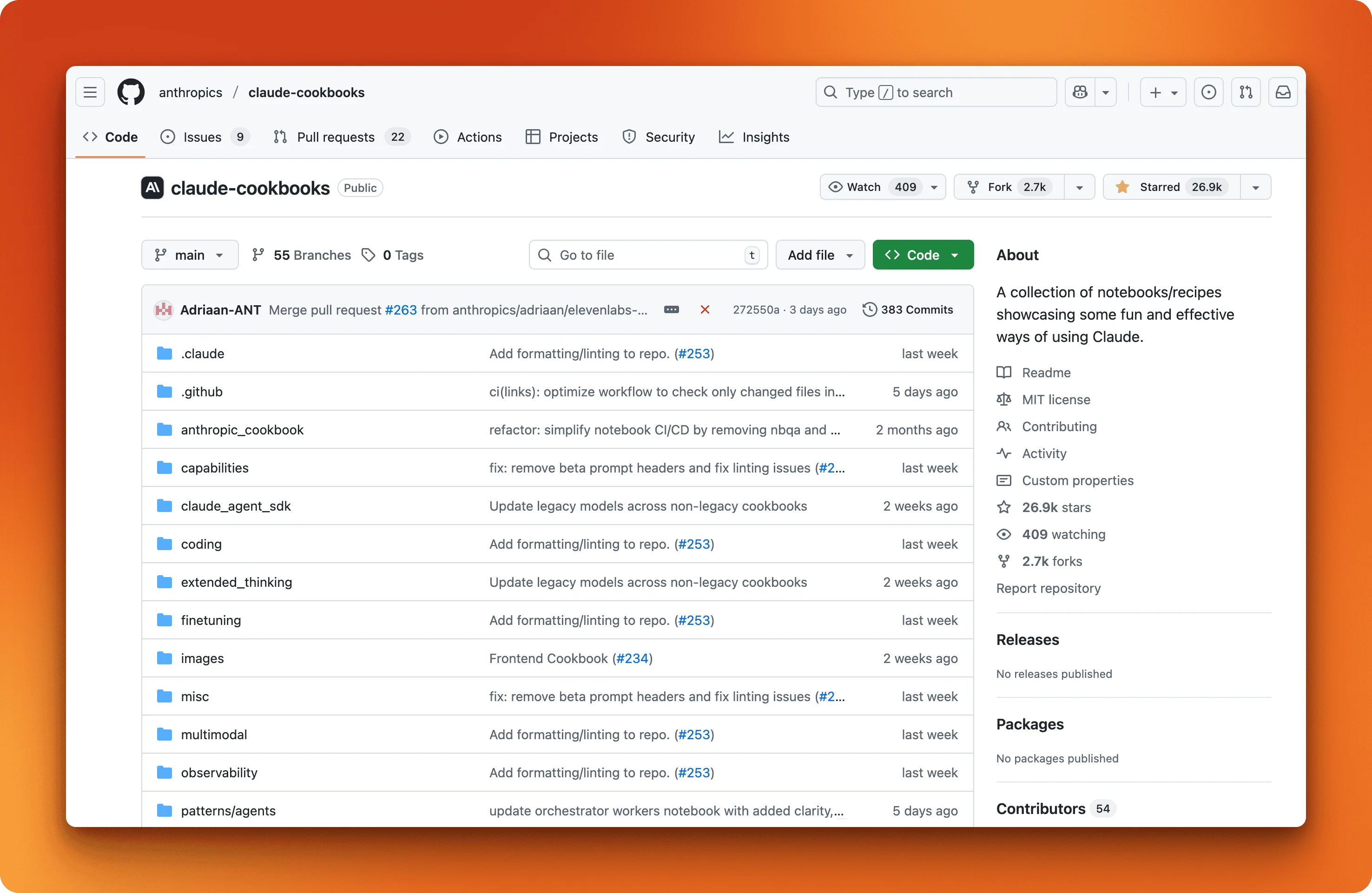 Anthropic Claude Cookbooks repository showing Python and TypeScript notebooks for building customer support agents, RAG systems, and vision applications