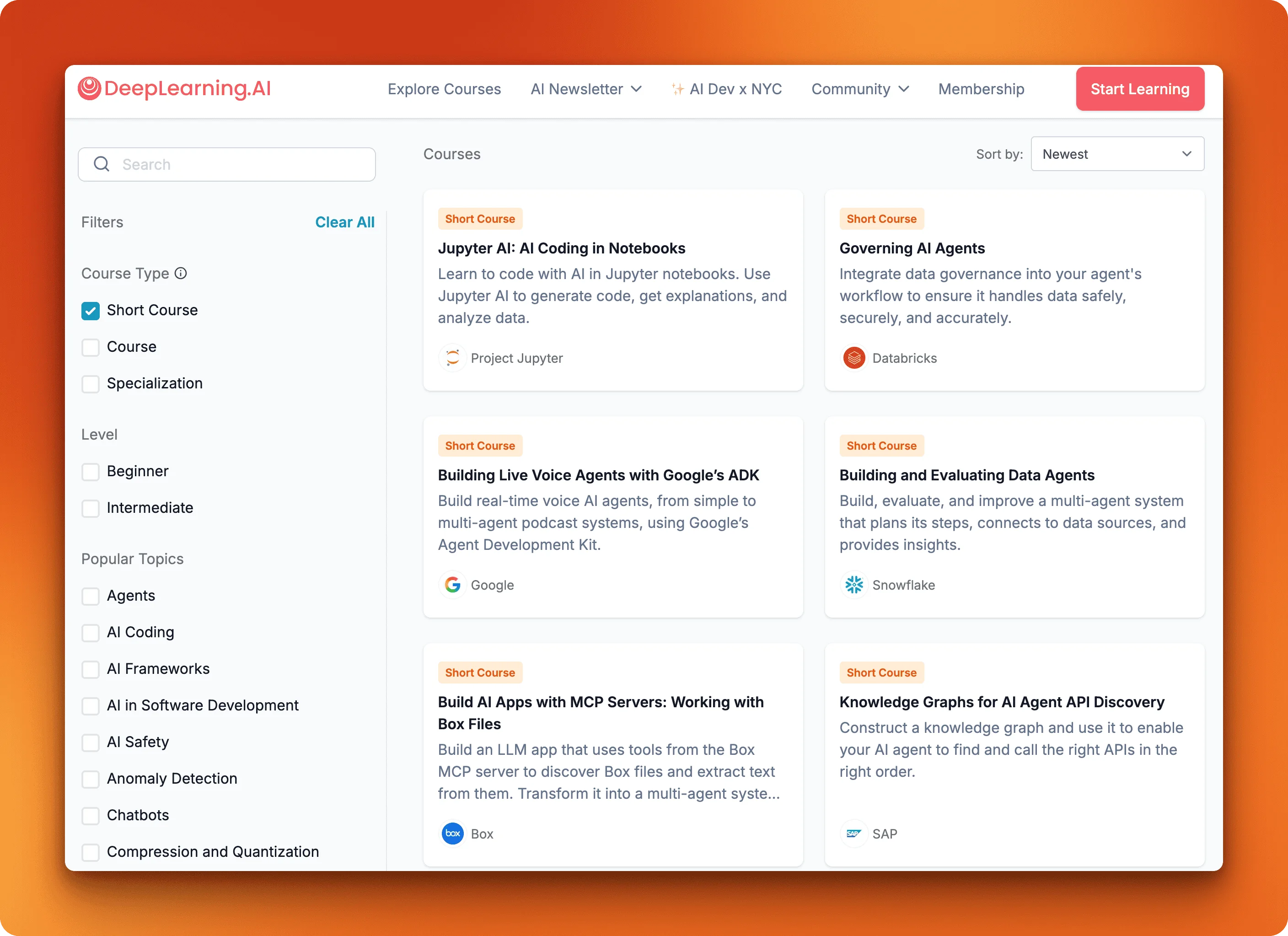 DeepLearning.AI platform showing free short courses on LangChain, RAG systems, vector databases, and AI agents taught by Andrew Ng