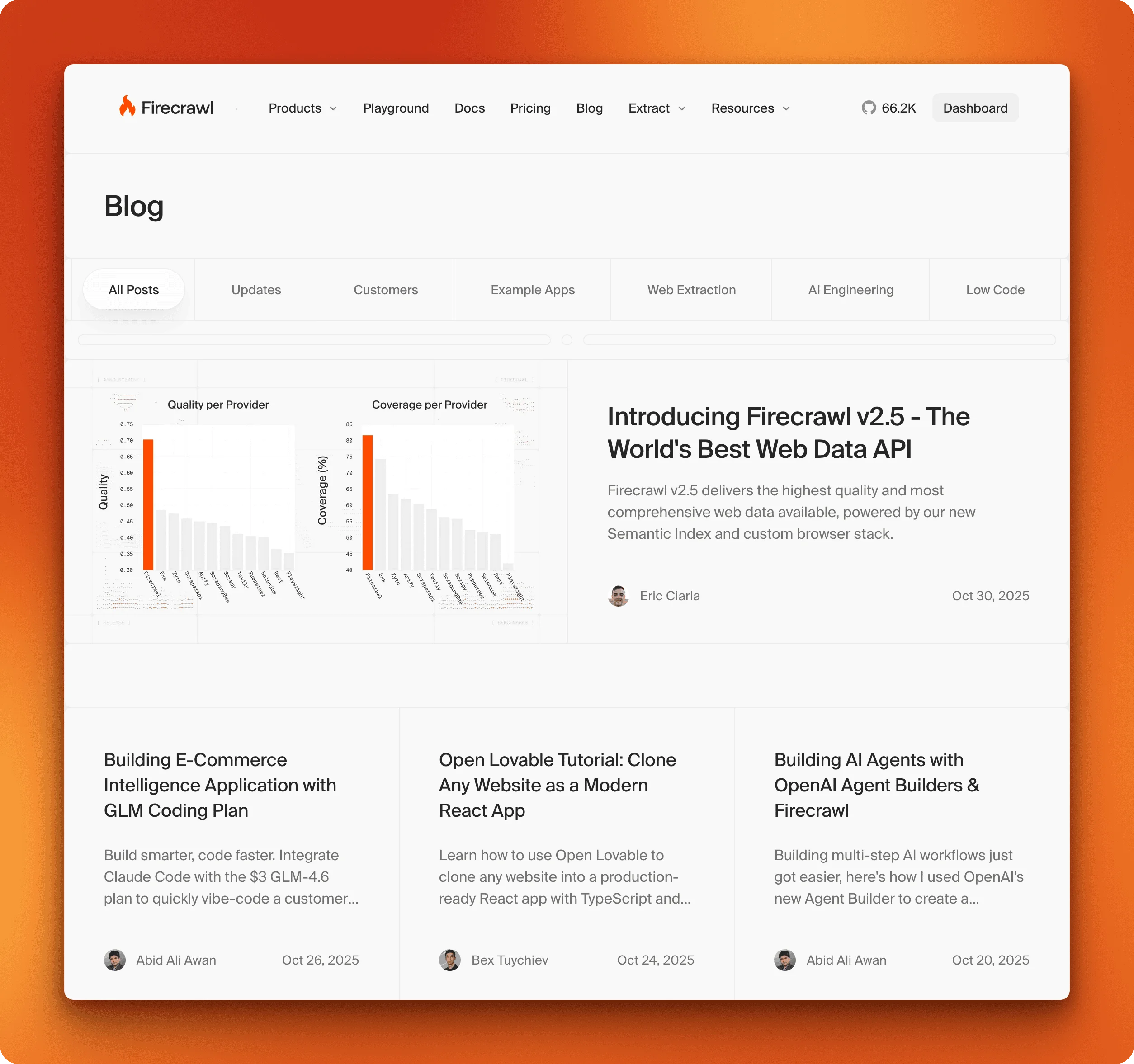Firecrawl blog featuring production-ready tutorials for building documentation agents, PDF RAG systems, and multi-agent workflows with web scraping