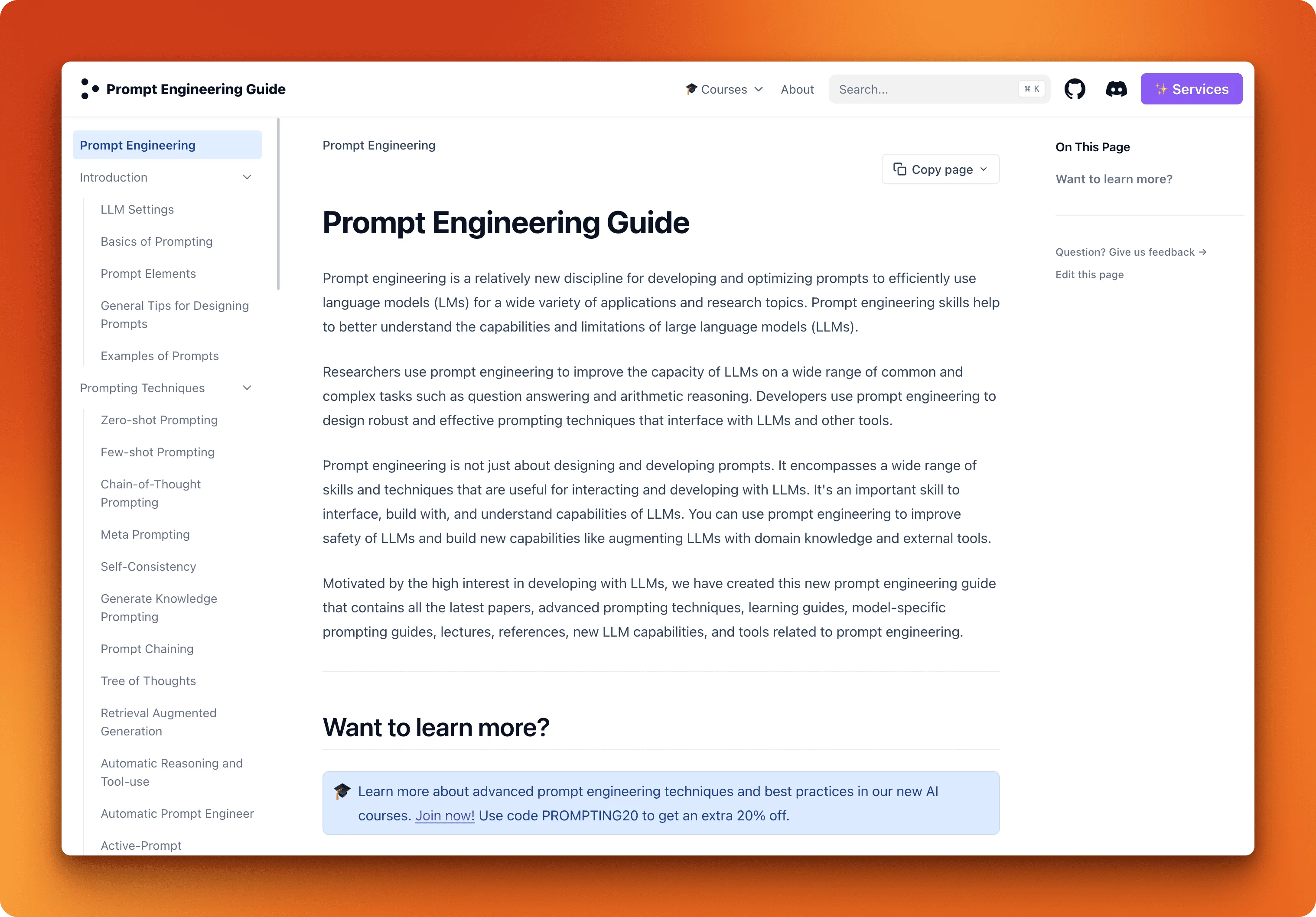 Prompt Engineering Guide interface showing 18 prompting techniques including Chain-of-Thought, Few-shot, and ReAct for building AI applications with LLMs
