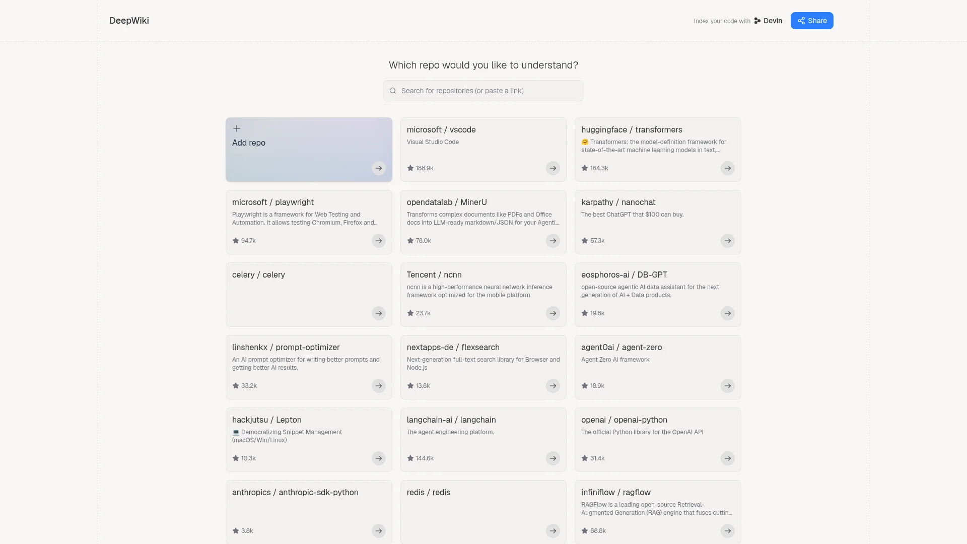 DeepWiki homepage