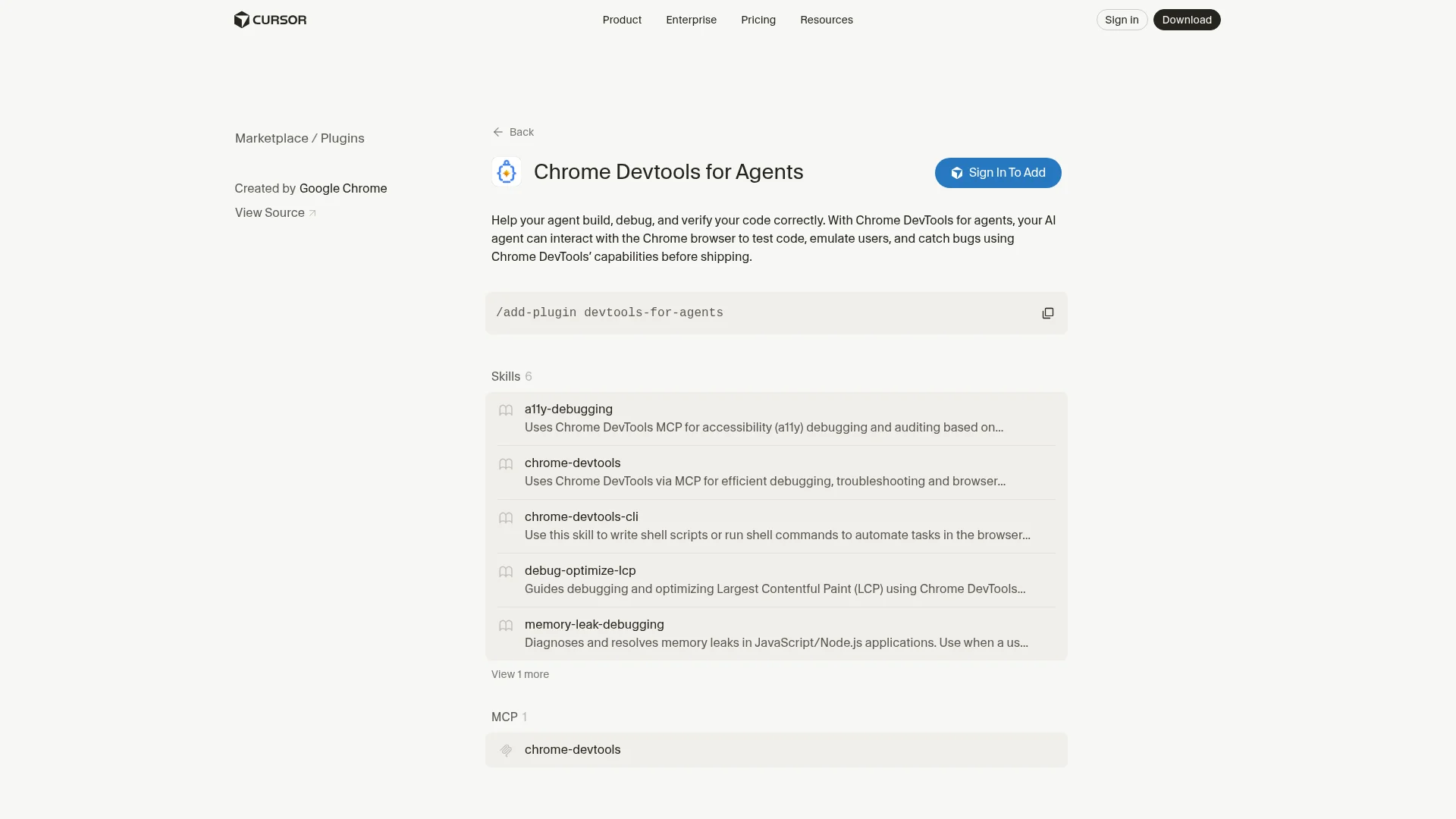 Chrome DevTools for Agents plugin in the Cursor Marketplace