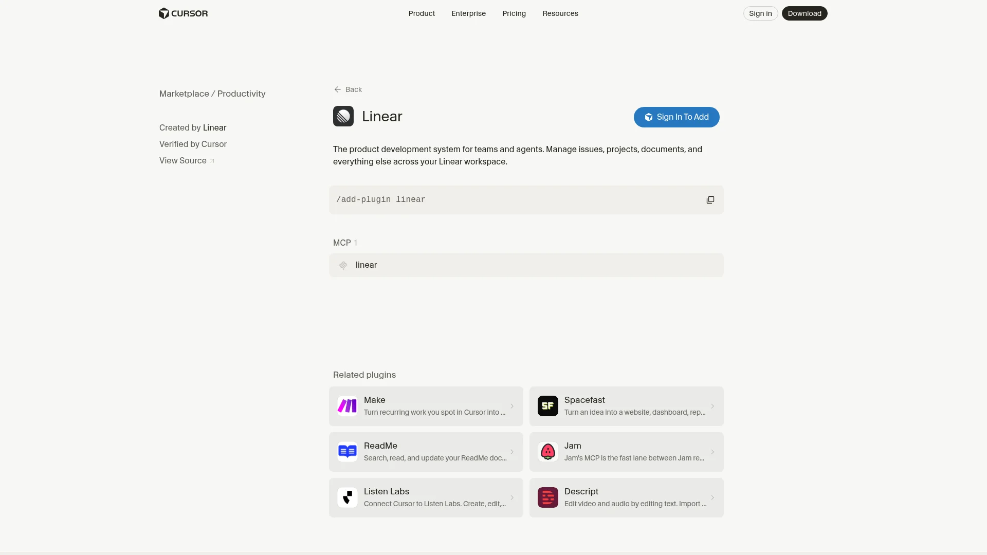 Linear plugin in the Cursor Marketplace