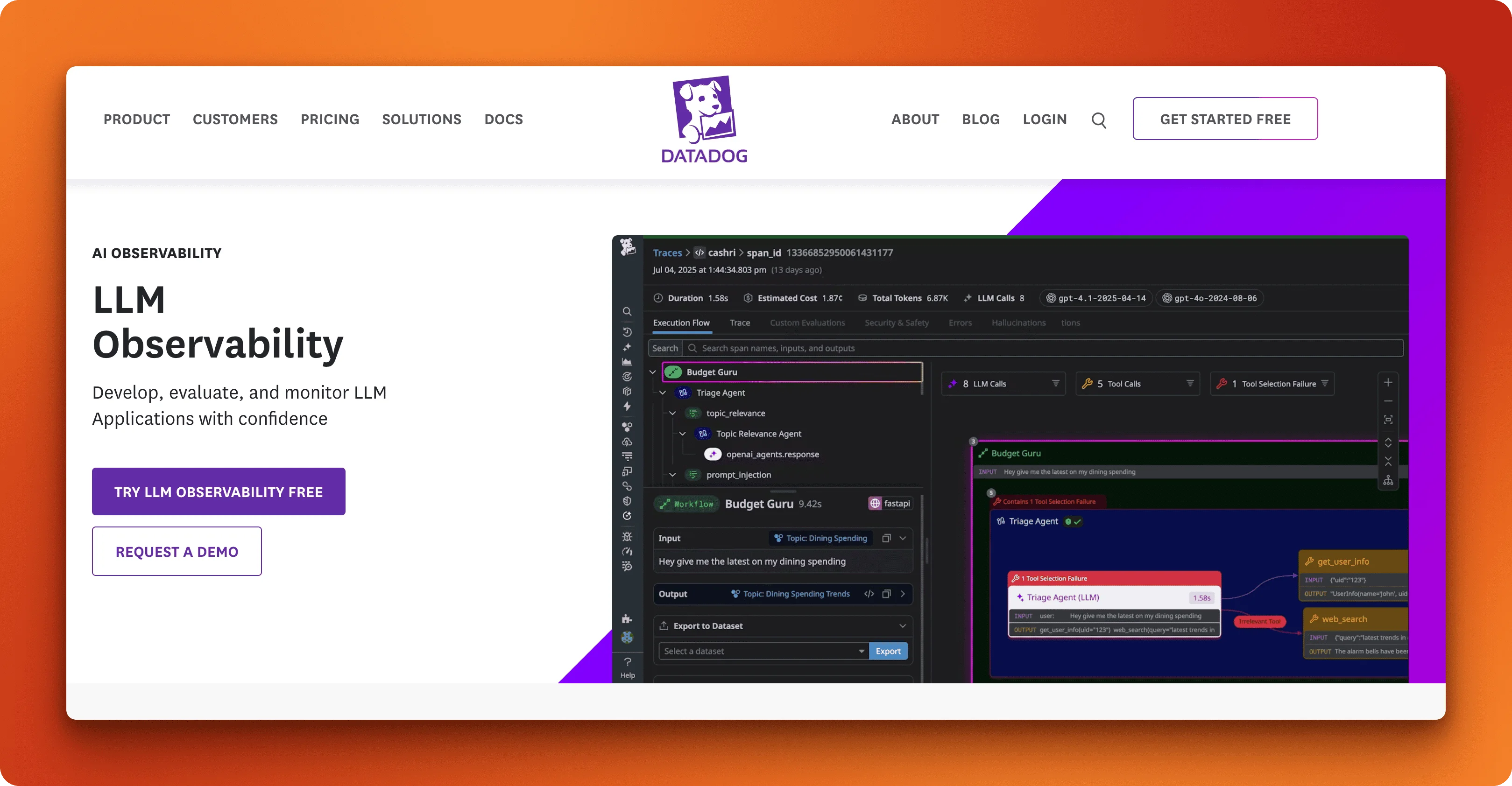 Datadog LLM Observability dashboard with AI tracing, cost monitoring, and security scanning