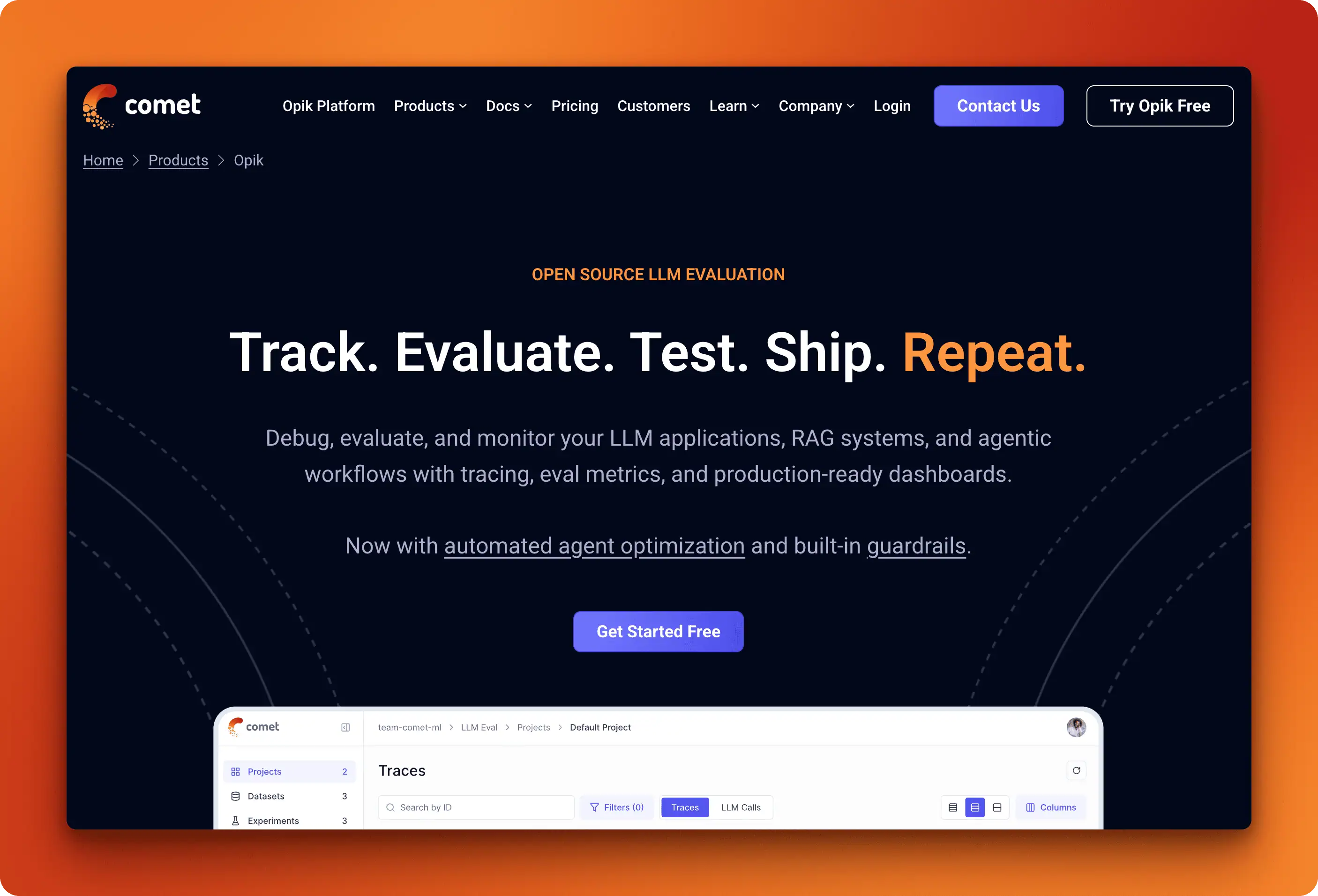 Opik LLM observability tool by Comet showing tracing and evaluation capabilities