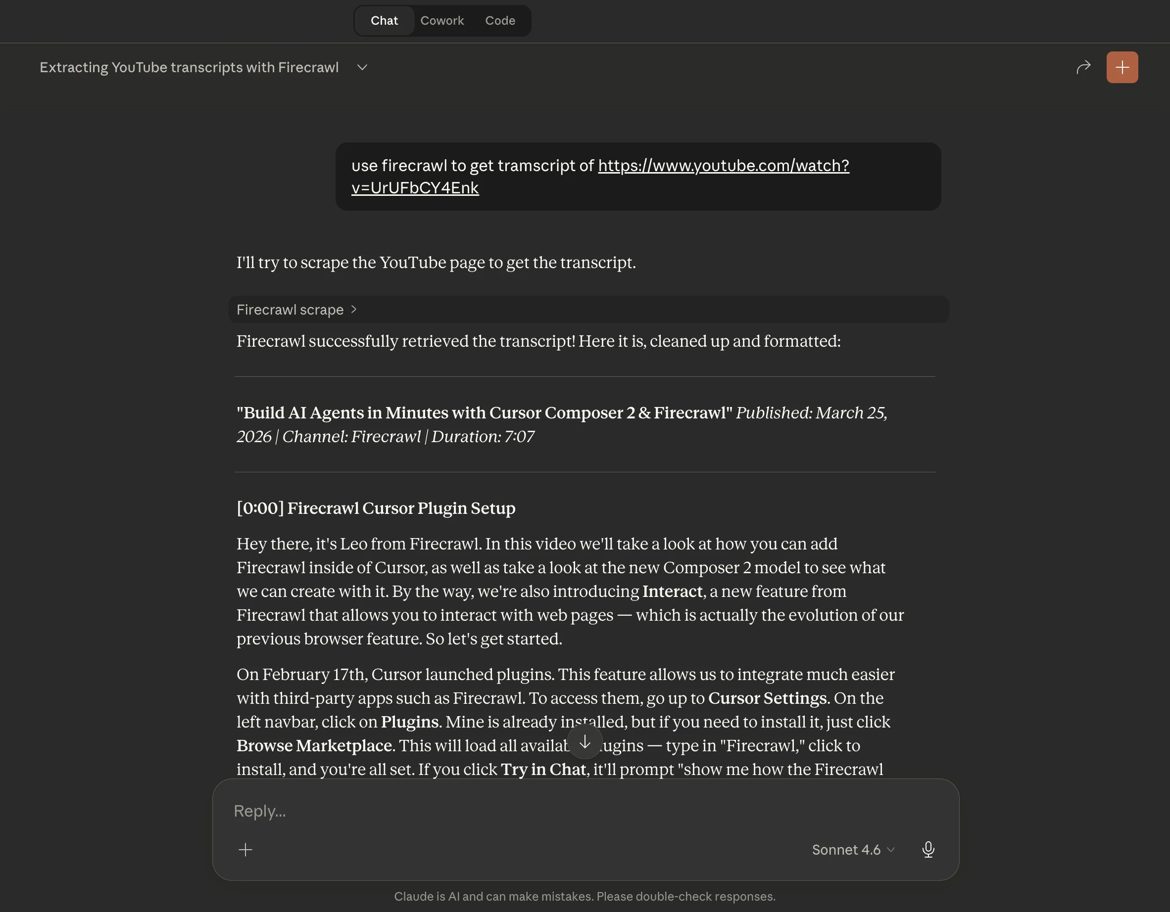 Using Firecrawl inside Claude to extract a YouTube transcript in under 10 seconds