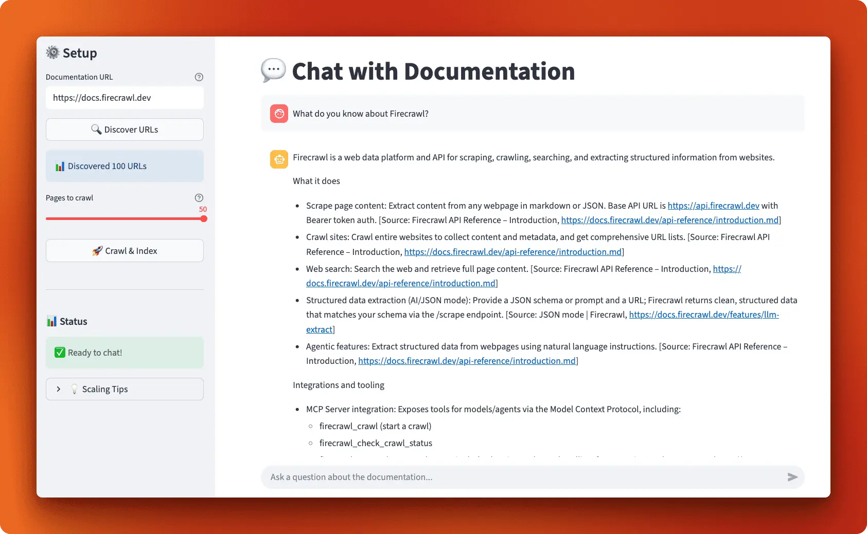 Screenshot showing the complete Streamlit application interface with sidebar setup controls, chat interface with a sample conversation, and real-time streaming response