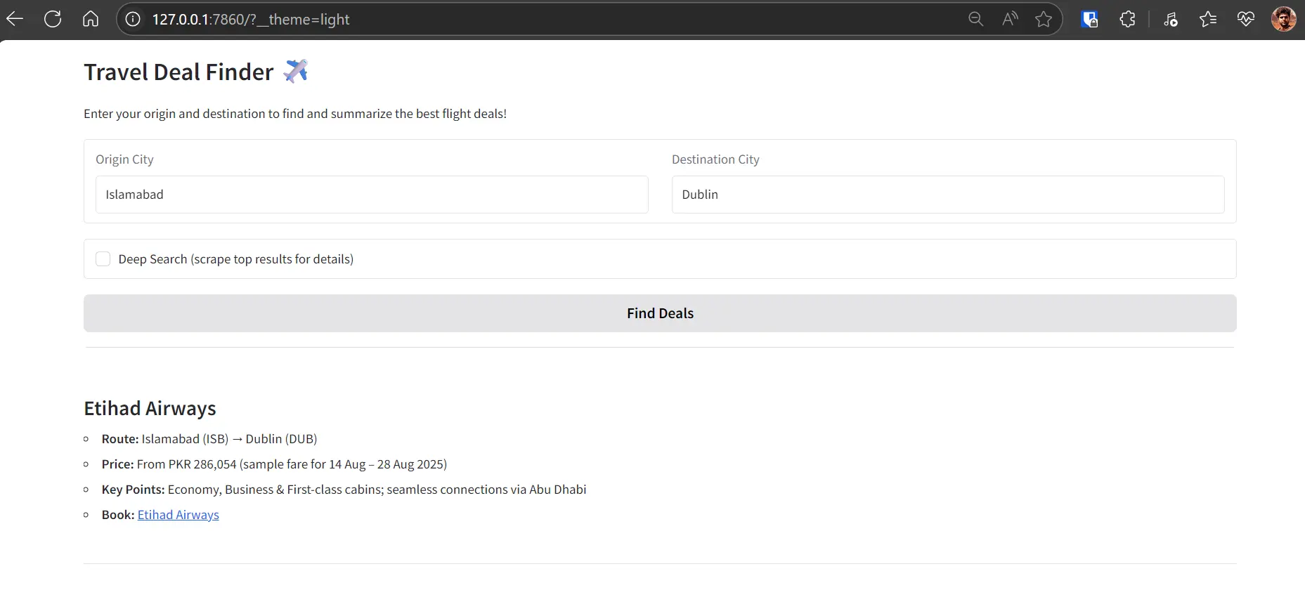 Travel Deal Finder Running