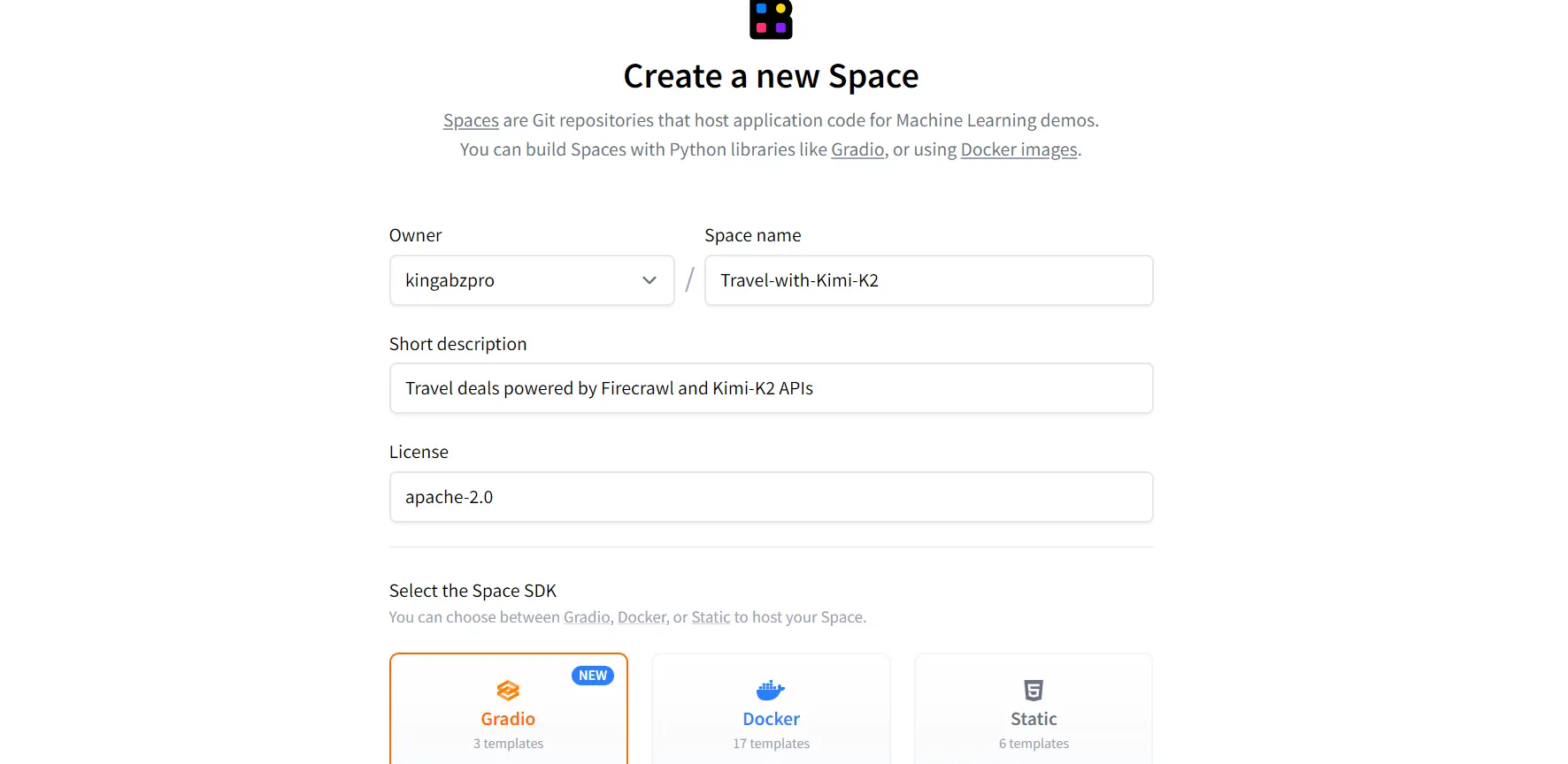 Create new huggingface Space