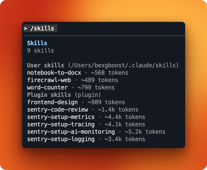 Claude Code /skills command showing firecrawl-web skill loaded with 489 tokens