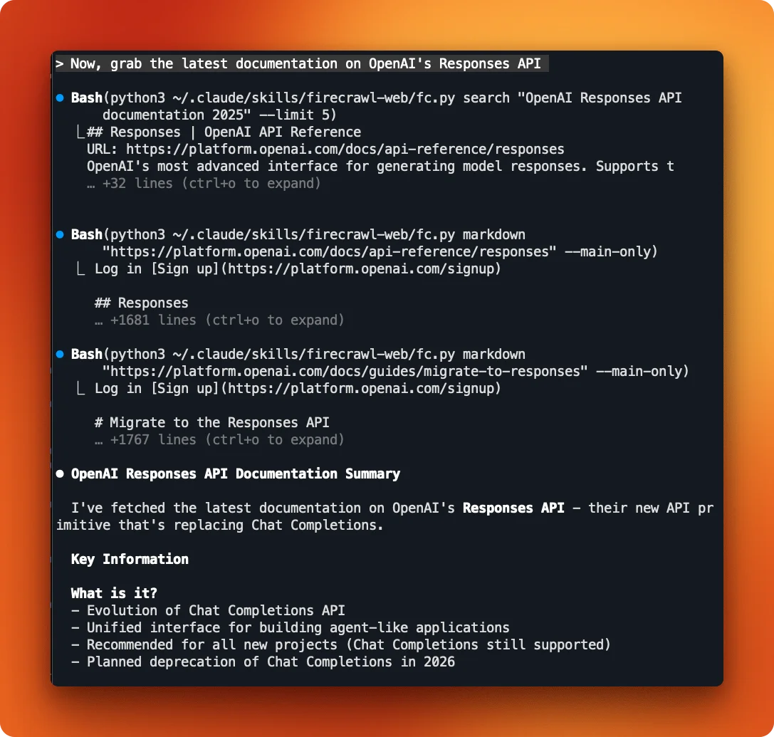 Claude Code fetching OpenAI Responses API documentation using Firecrawl markdown extraction