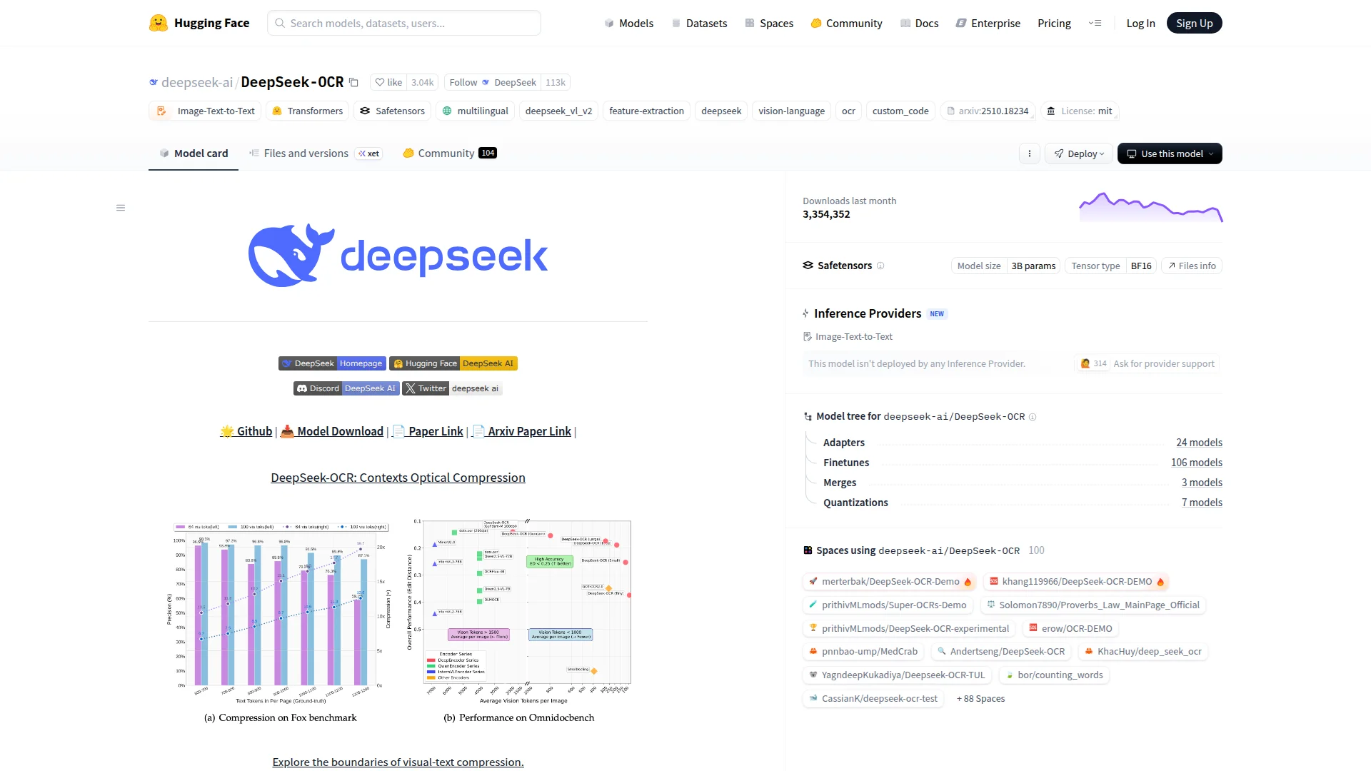 DeepSeek OCR model card page on HuggingFace captured by Firecrawl screenshot feature