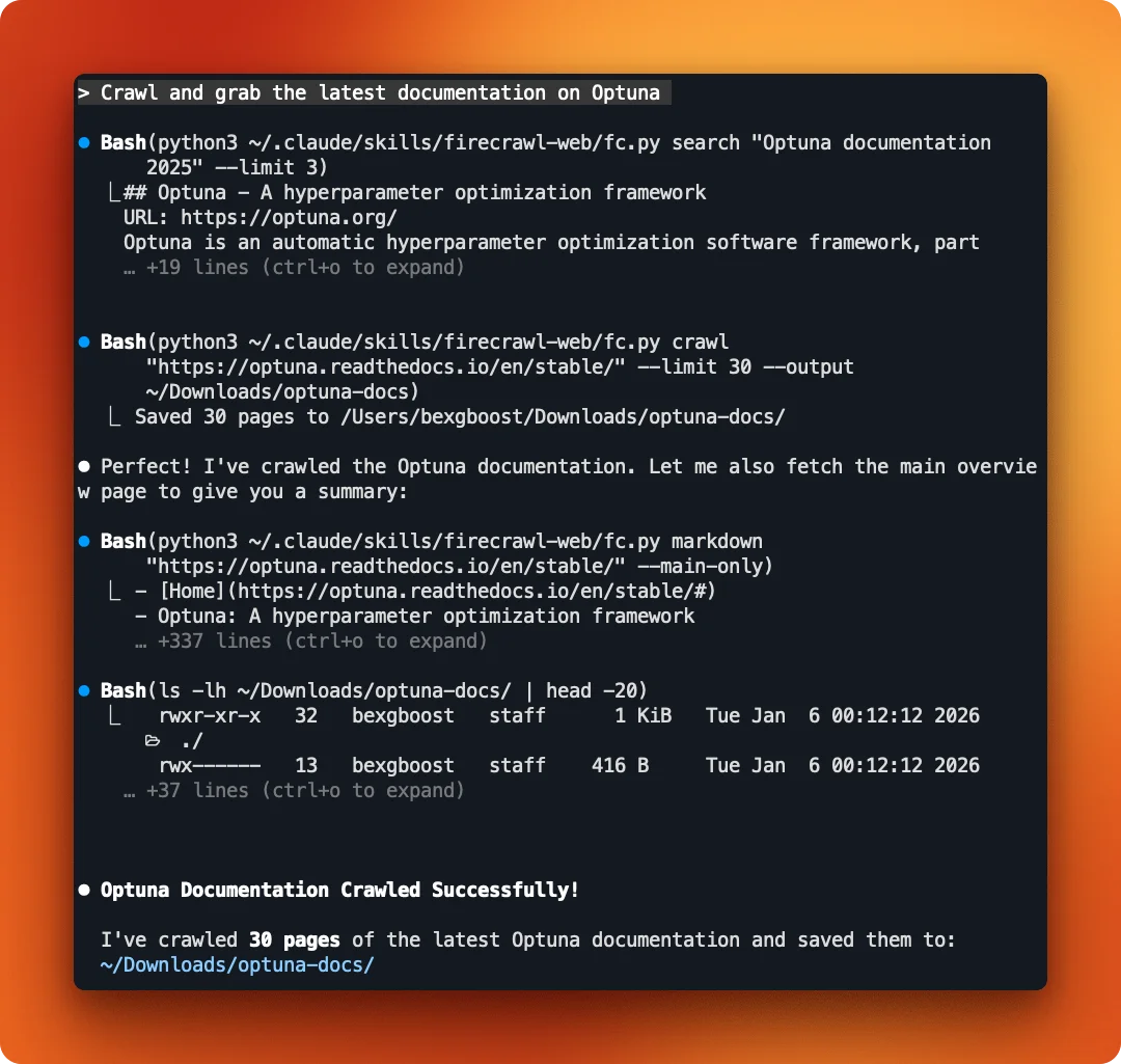 Firecrawl skill crawling Optuna documentation with automatic search-then-crawl workflow