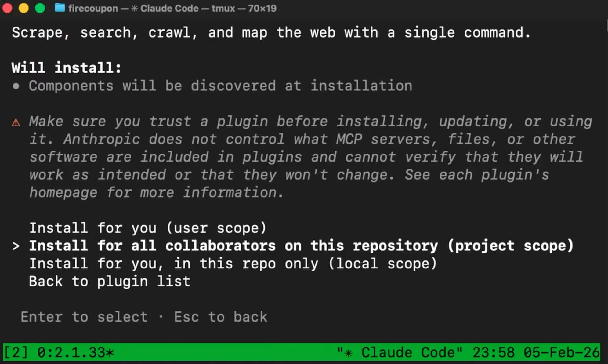 Installing the Firecrawl plugin in Claude Code via tmux, showing the scope selection prompt with project scope highlighted