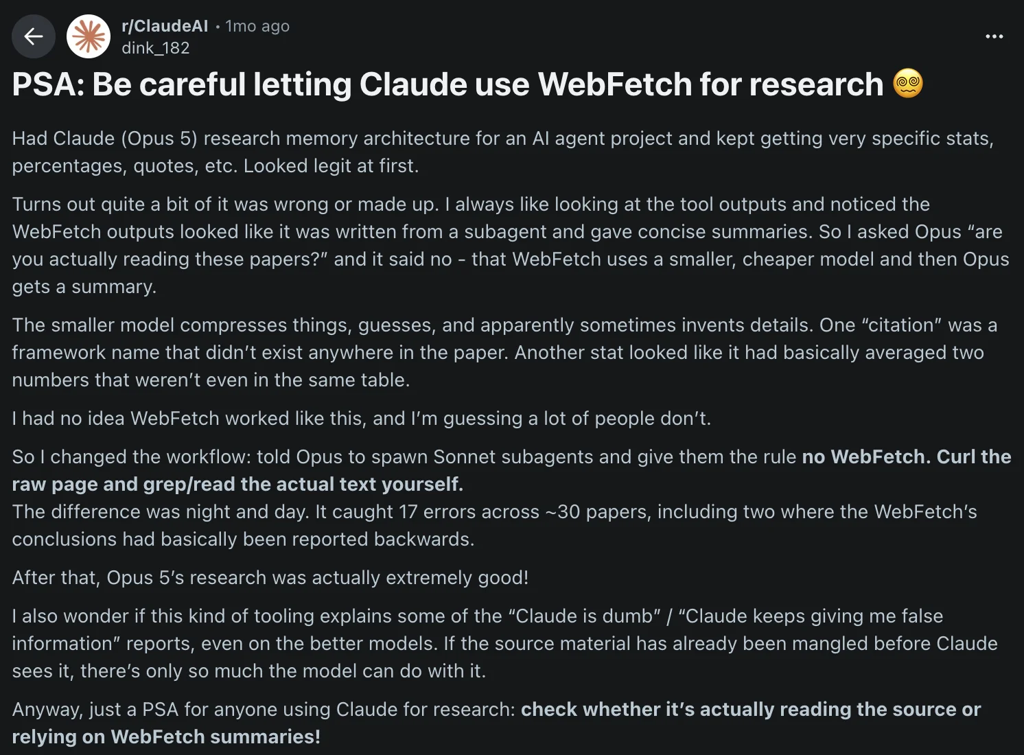 r/ClaudeAI PSA about Claude WebFetch summarizing sources with a smaller model