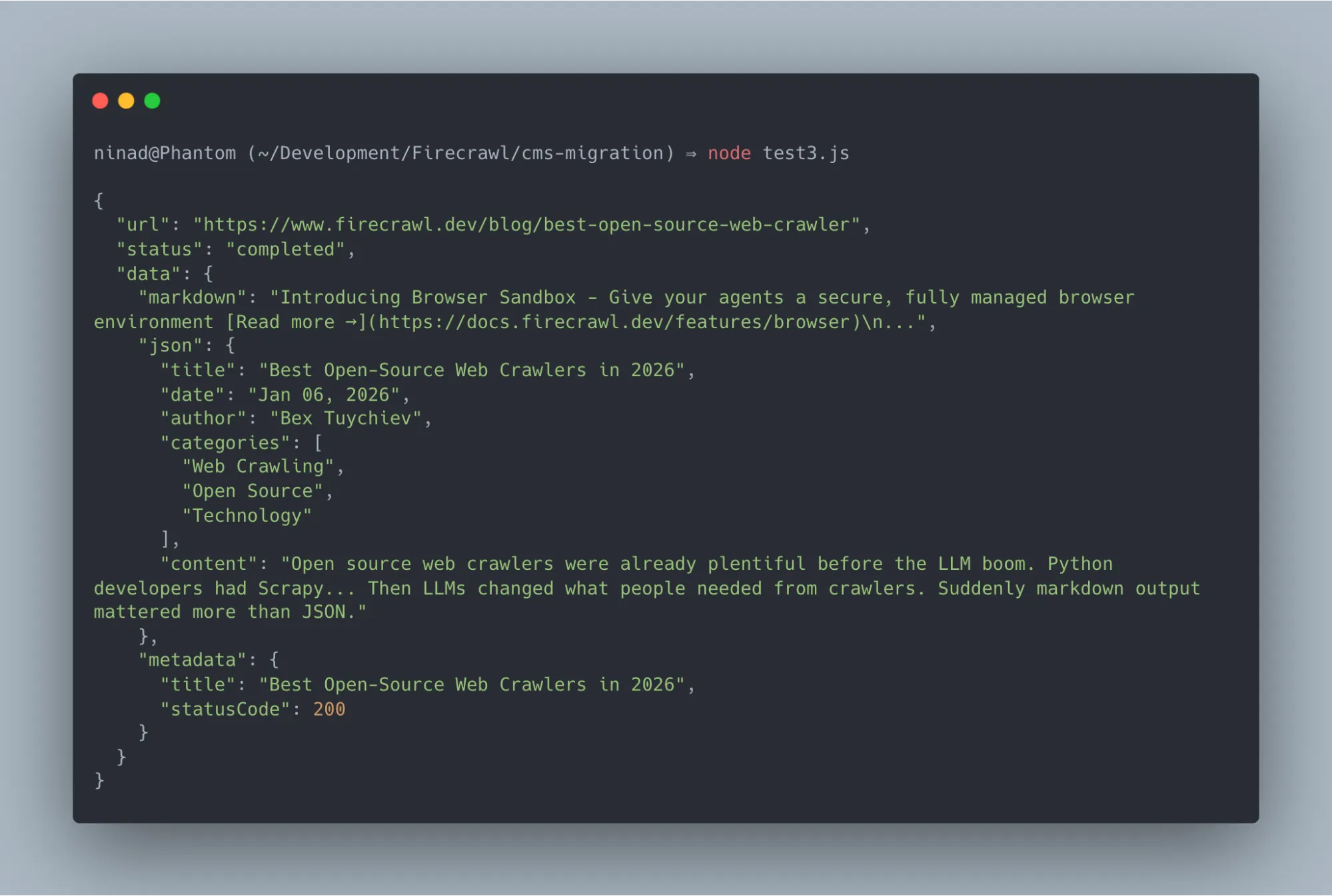 A structured JSON response explicitly formatted for CMS migration using Firecrawl's extraction API