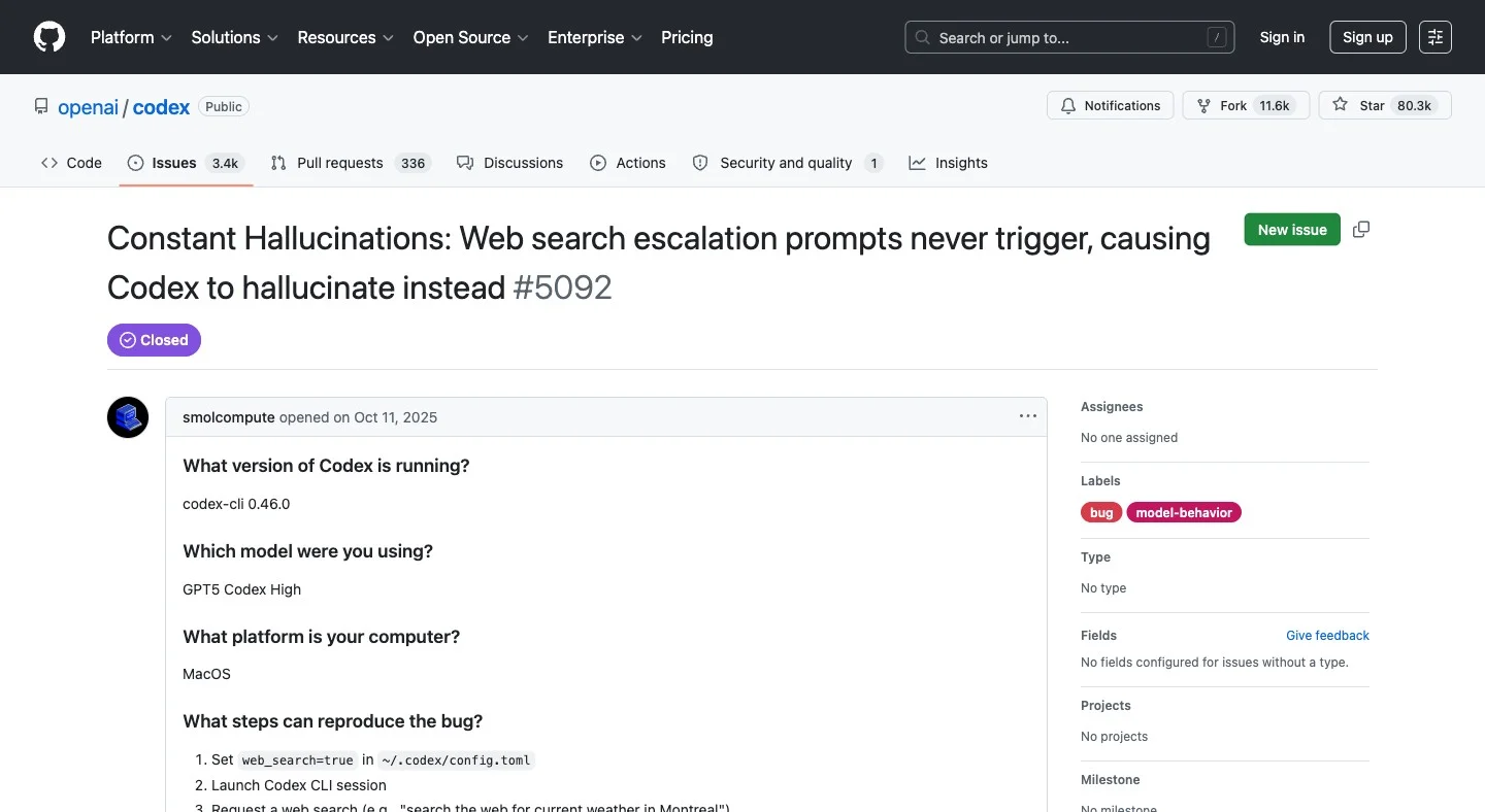 GitHub issue #5092: Web search escalation prompts never trigger, causing Codex to hallucinate