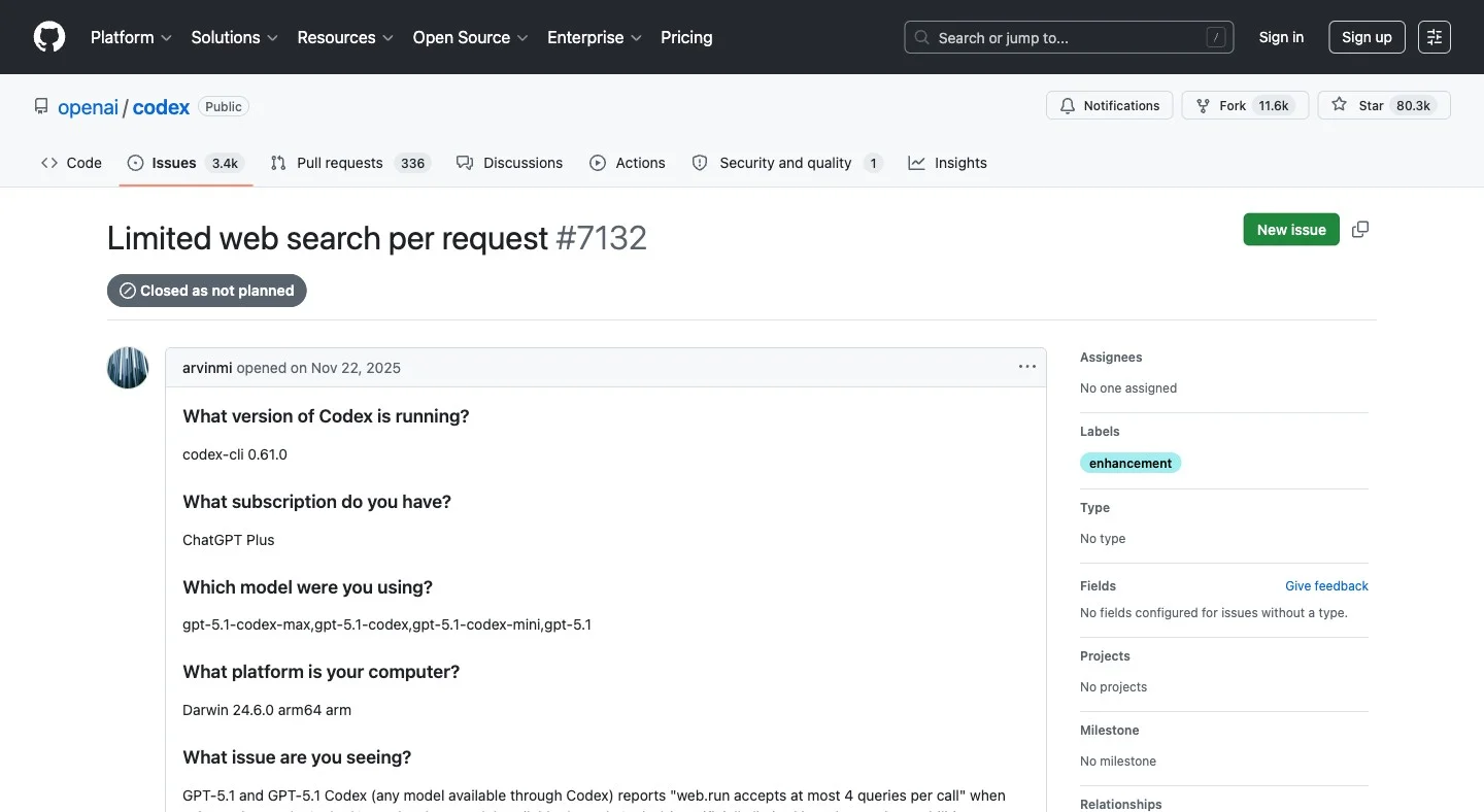 GitHub issue #7132: Limited web search per request, closed as not planned