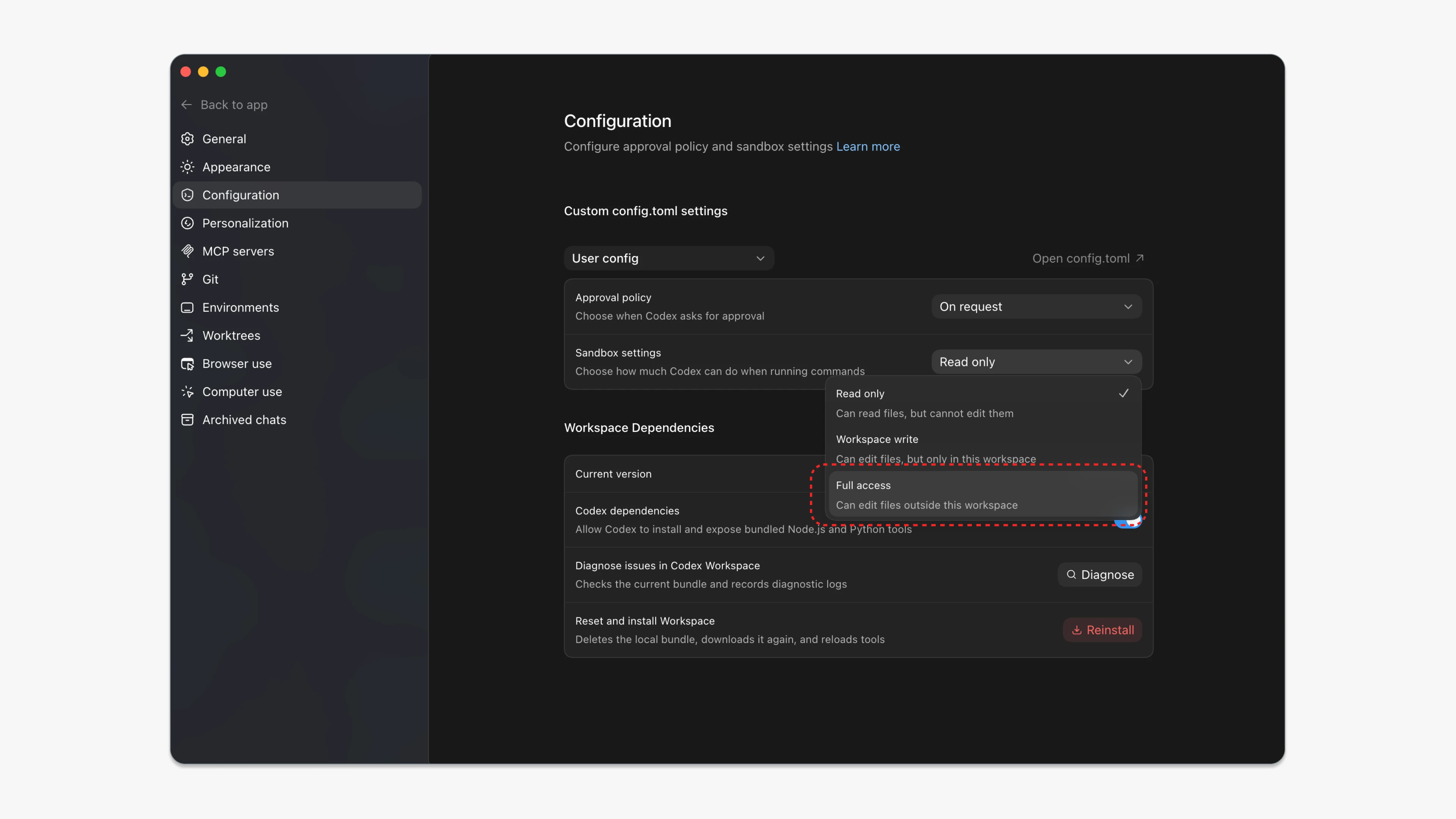 Codex sandbox settings