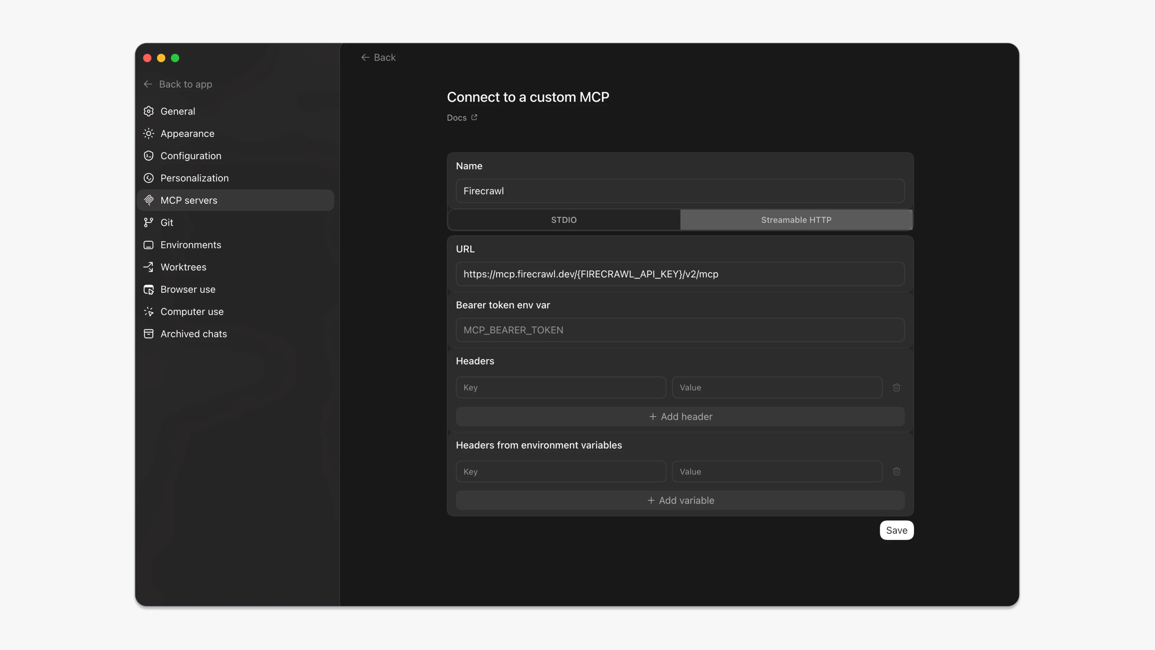 Configuring Firecrawl MCP in the Codex App settings