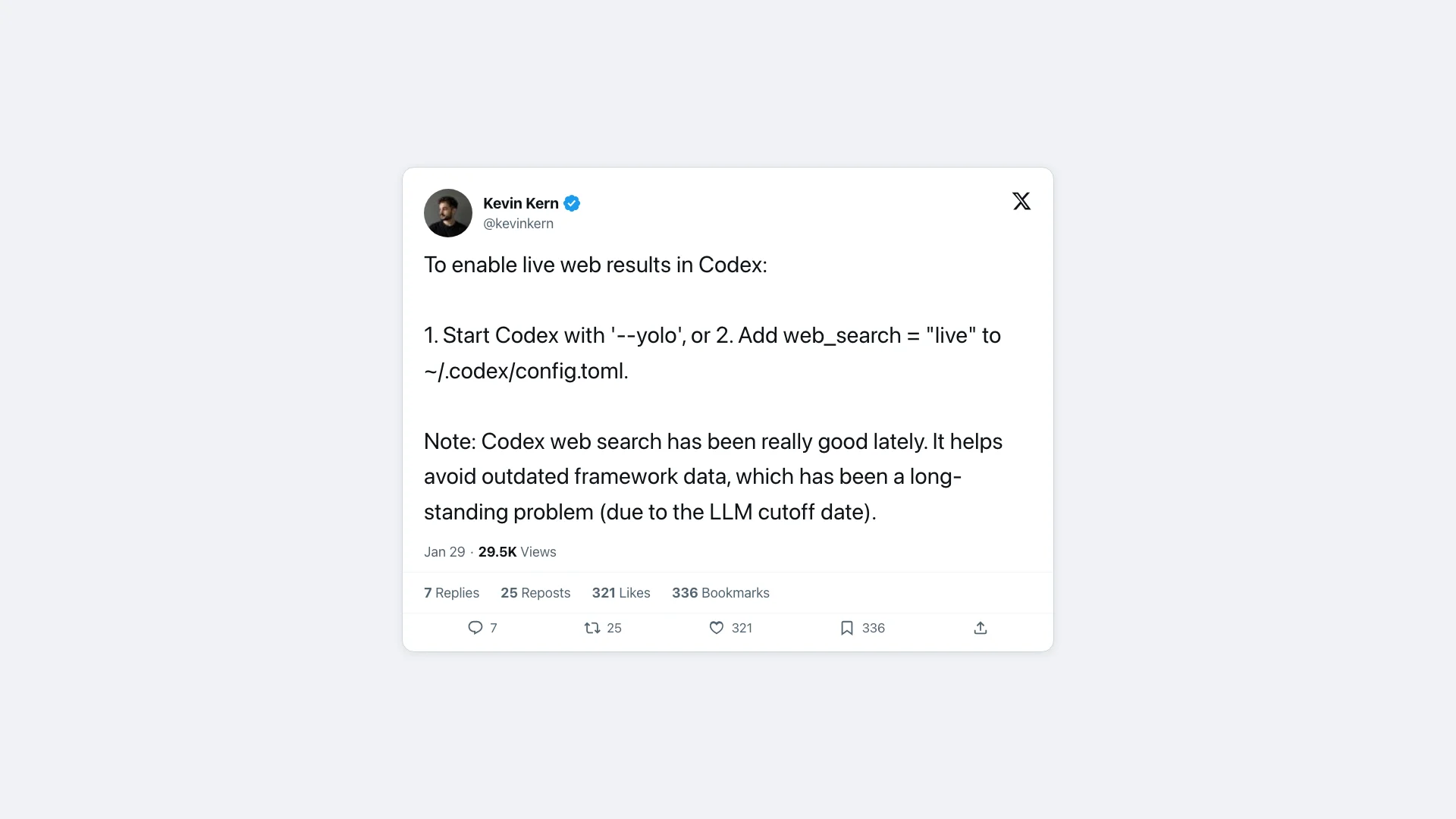 Kevin Kern on enabling live web results in Codex