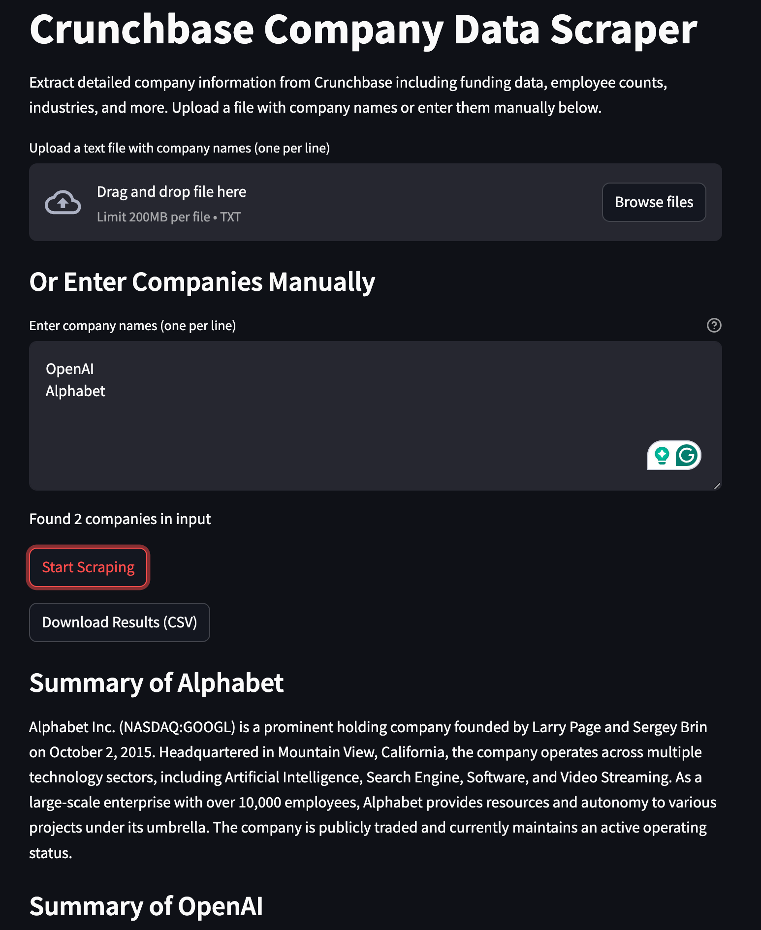 Screenshot of the Crunchbase scraping app interface showing company input fields, a scraping button, and results display area with download option