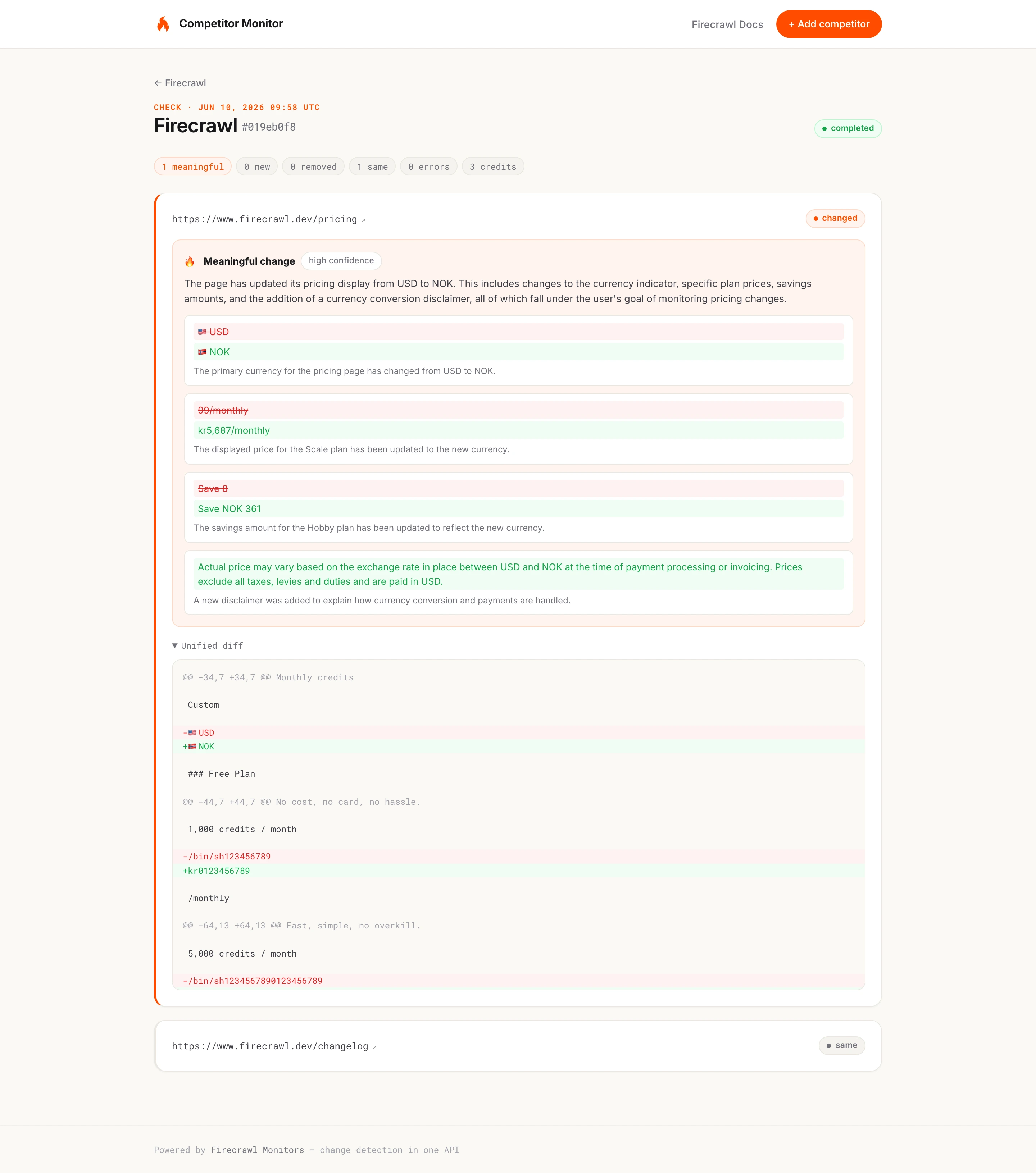 Check detail page showing the pricing page marked changed, the AI judge verdict explaining the USD to NOK currency switch, and the unified diff