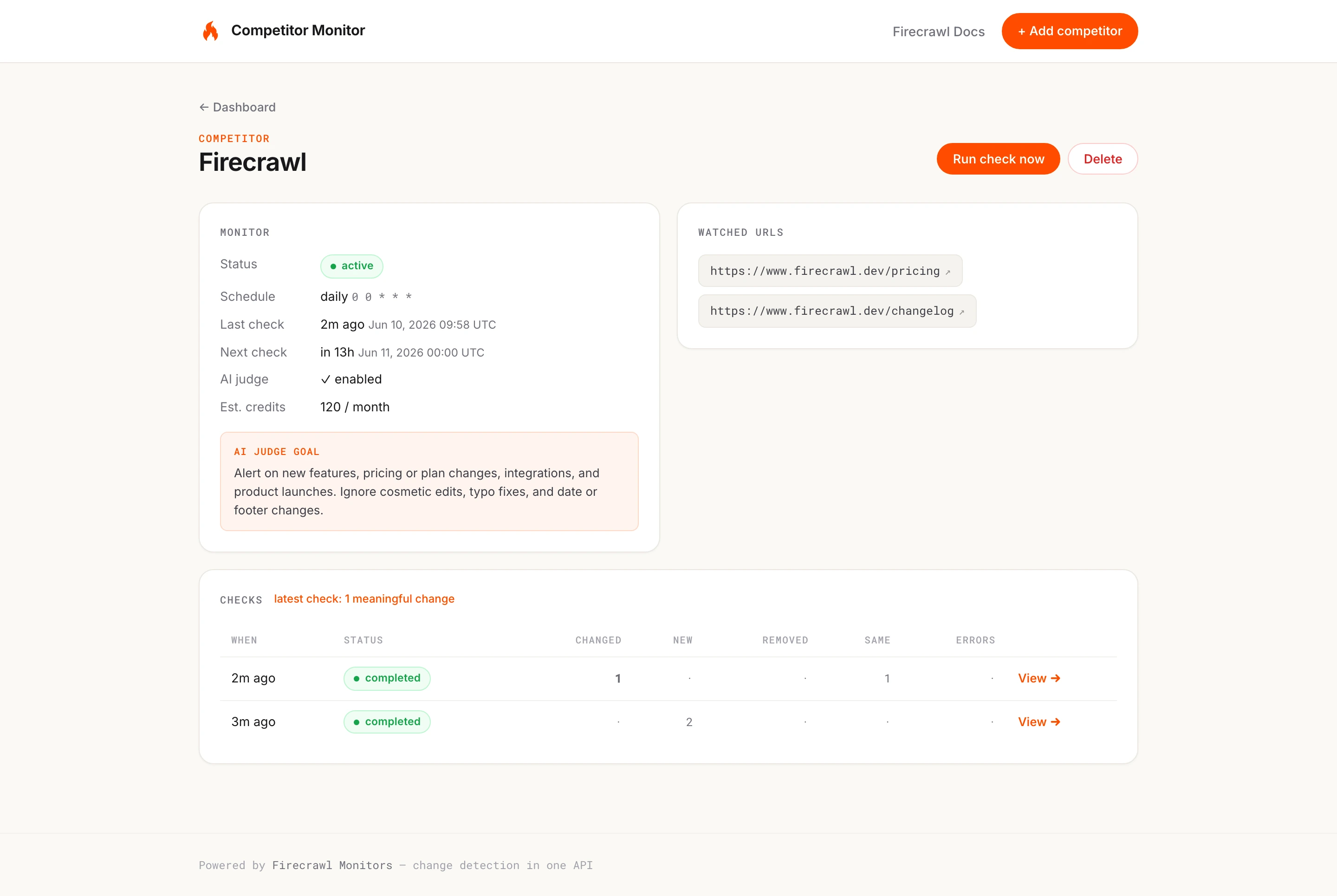 Competitor detail page showing monitor status, schedule, the AI judge goal, watched URLs, and check history