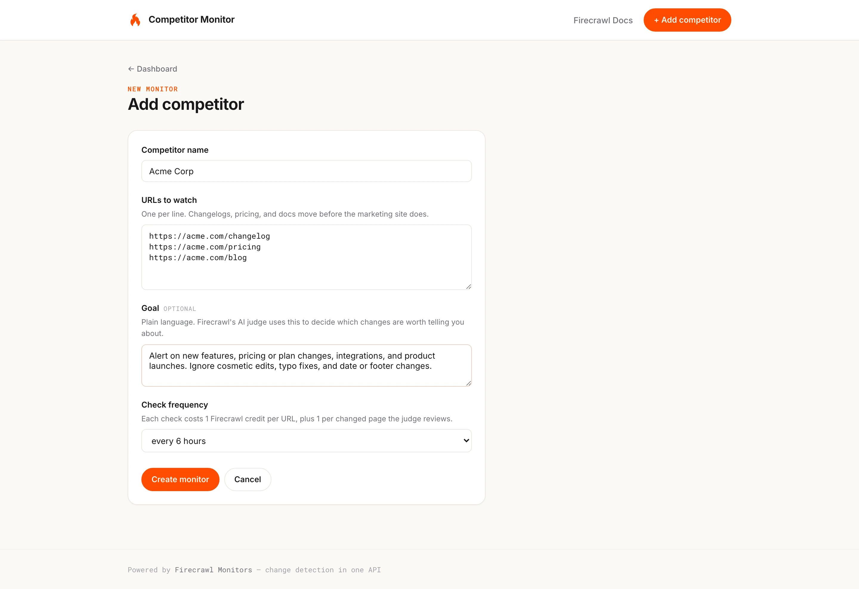 Add-competitor form with fields for name, URLs to watch, the AI judge goal, and check frequency