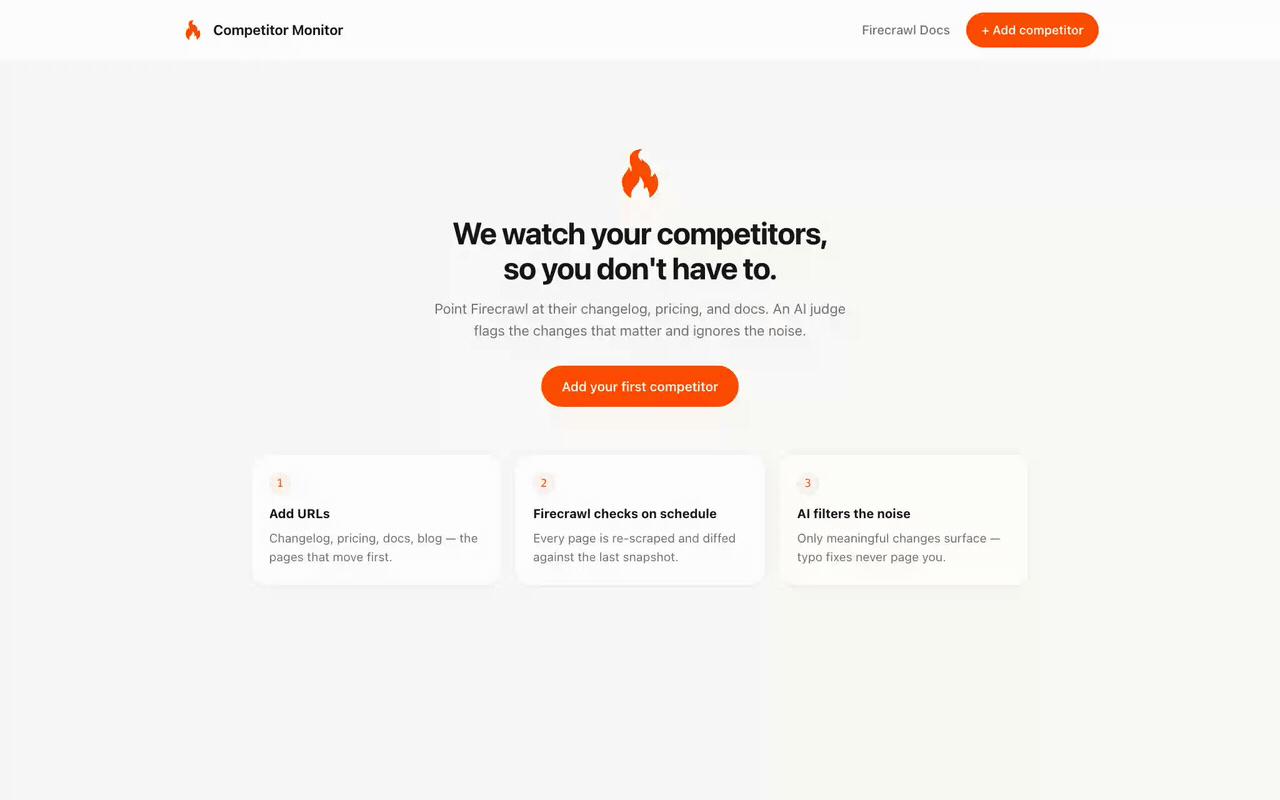 Walkthrough of the competitor monitor dashboard: adding a Firecrawl competitor and viewing its monitor