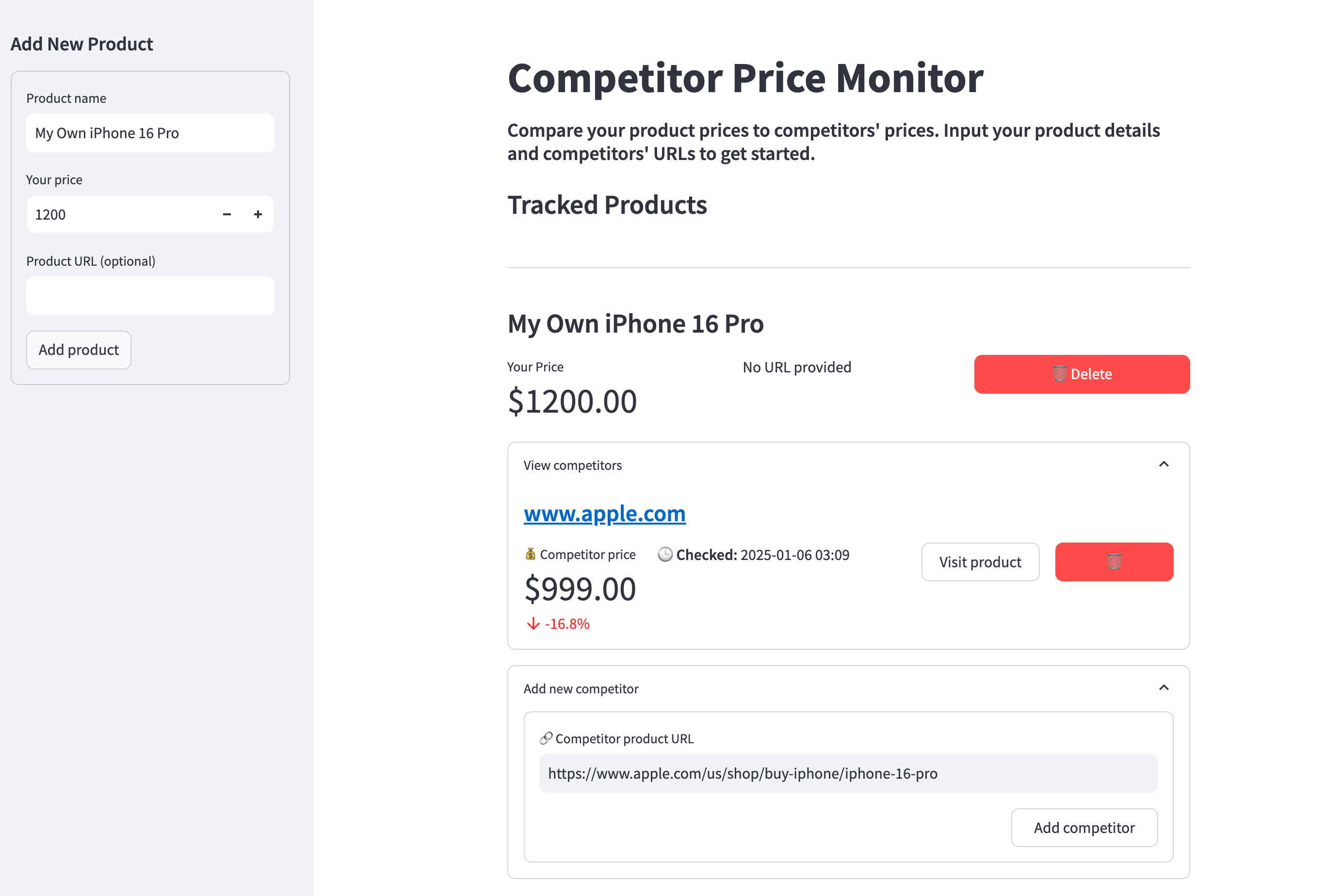 Screenshot of the competitor price monitoring dashboard showing tracked products with their prices and competitors in a clean web interface