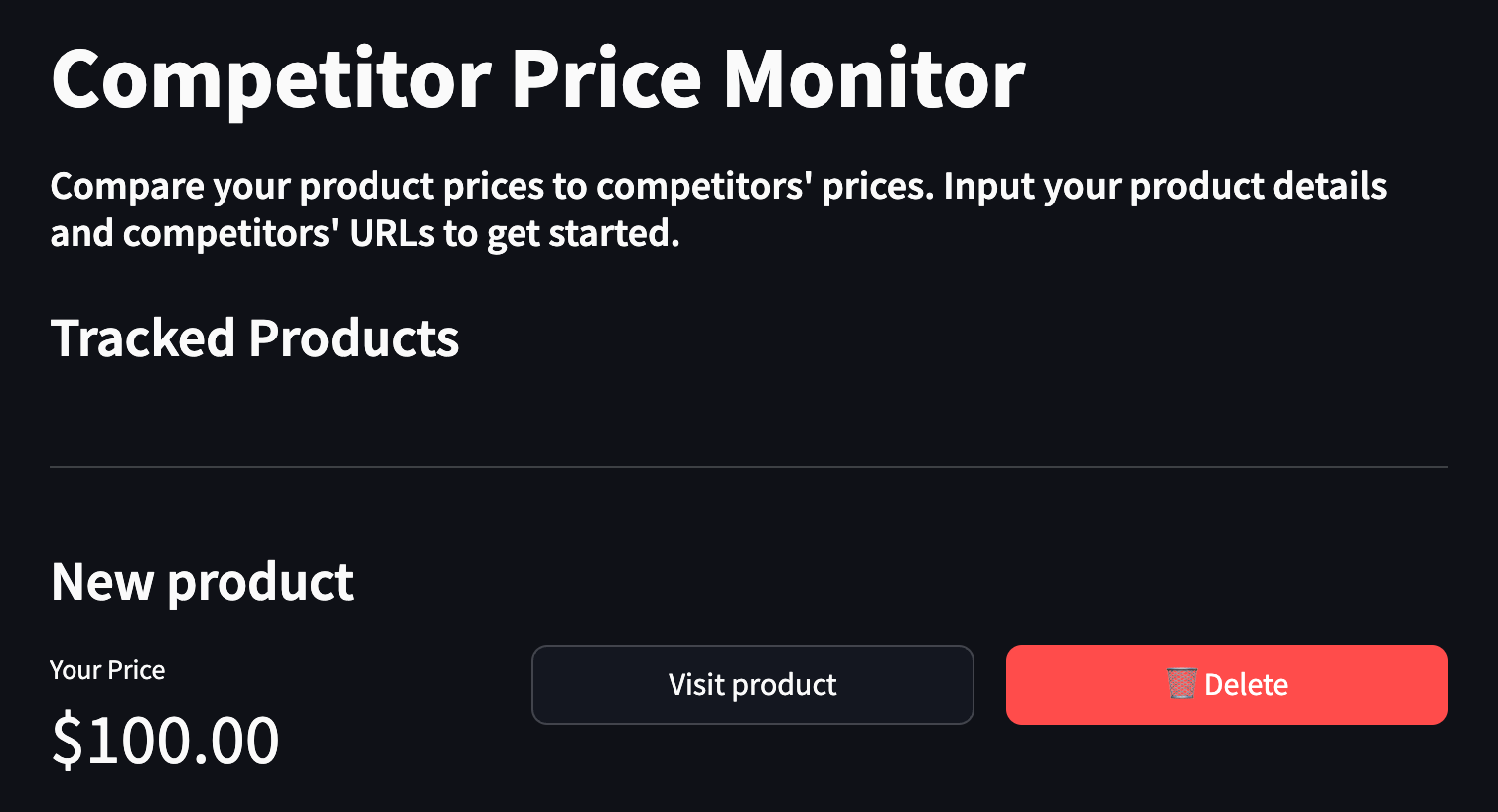 Screenshot showing the main dashboard with tracked products. Each product has its name, price, and buttons for visiting and deleting the product.