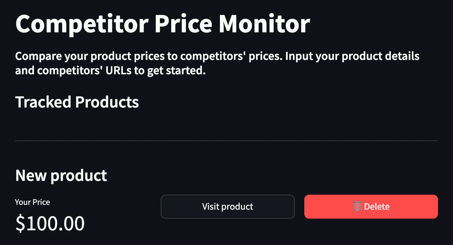 Screenshot showing the main dashboard with tracked products. Each product has its name, price, and buttons for visiting and deleting the product.