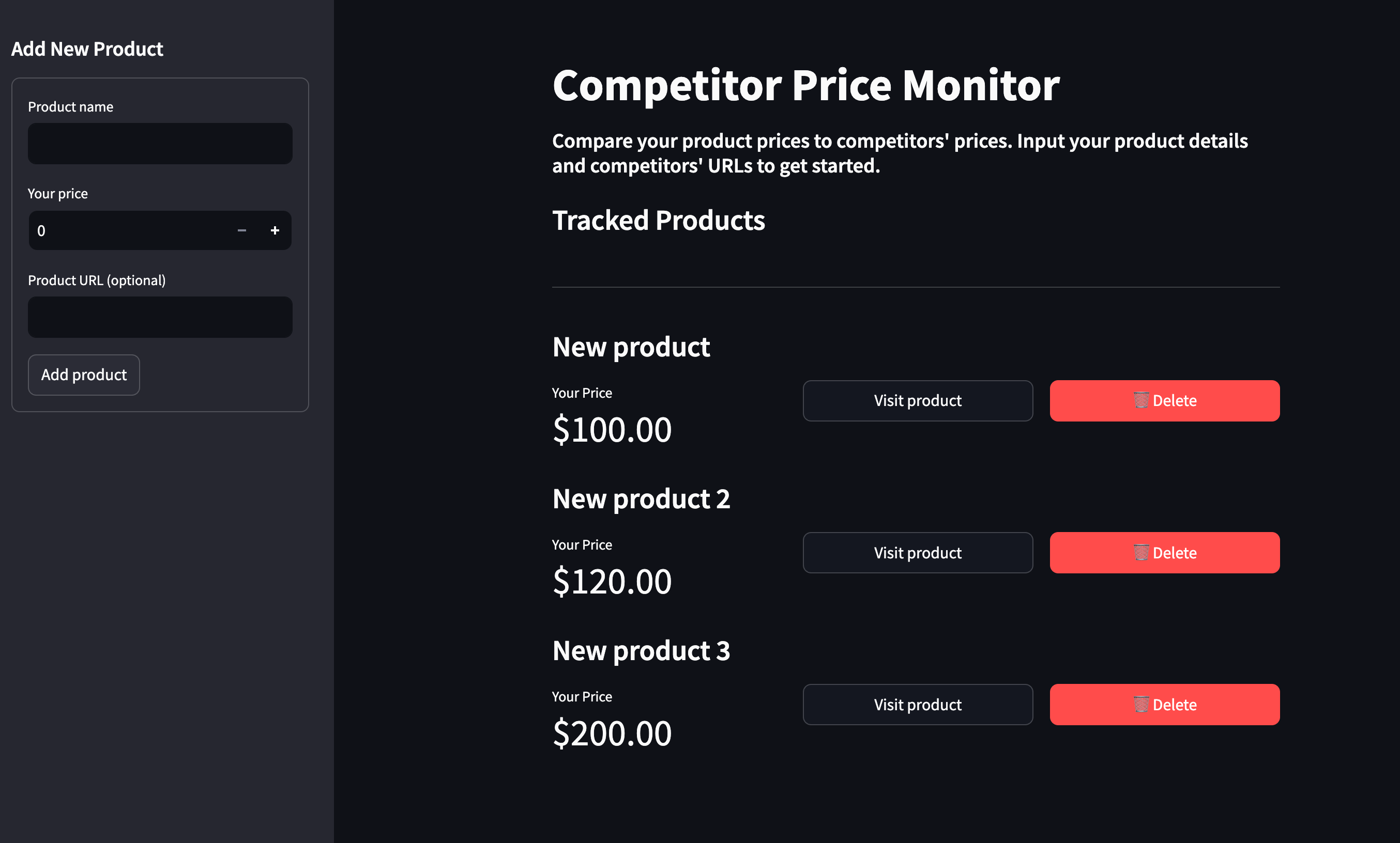 Screenshot showing the product dashboard with sample products displayed in a grid layout, including product names, prices, and action buttons