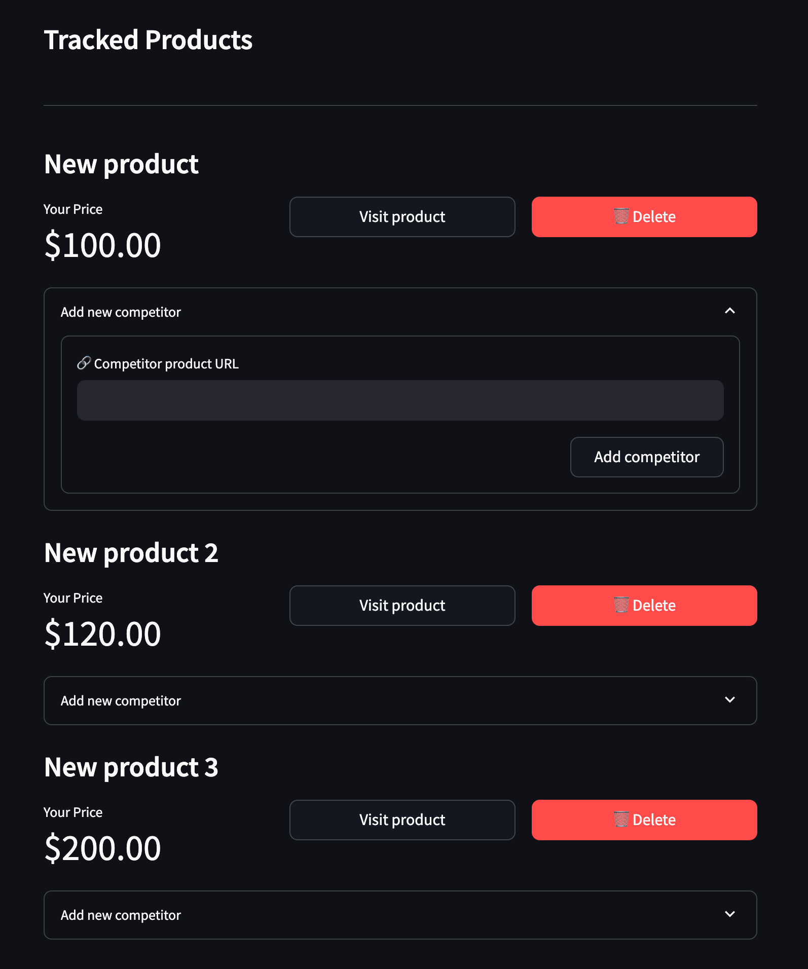 Screenshot showing a product container with an expanded "Add new competitor" form. The form contains a URL input field and an "Add competitor" button.