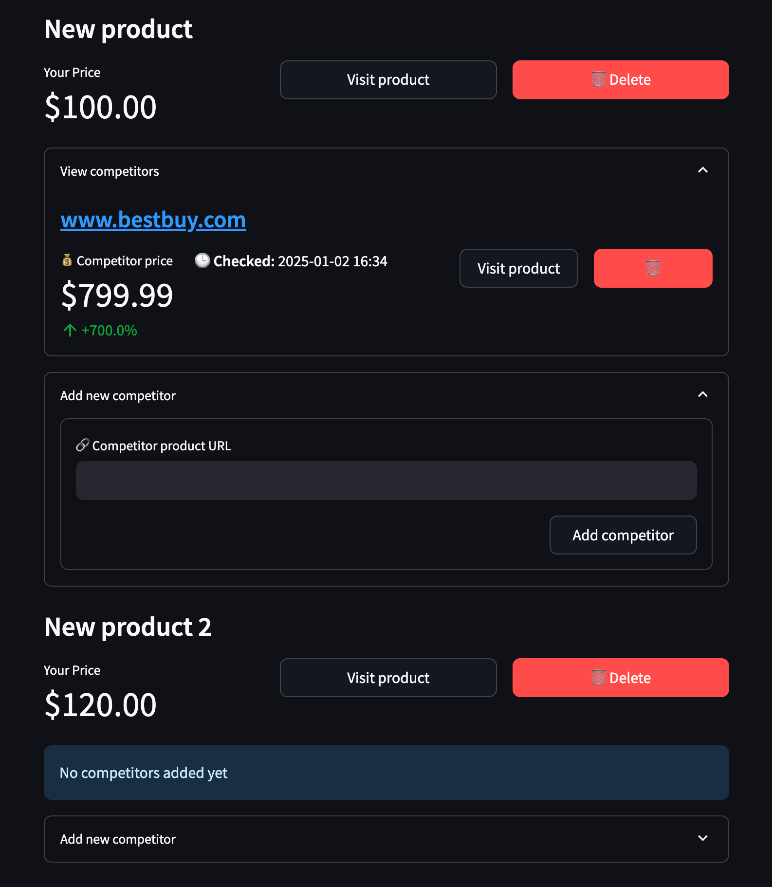 Screenshot showing a product container with expanded competitor details. Each competitor has their price, price difference percentage, last checked timestamp, and action buttons for visiting and deleting the competitor.